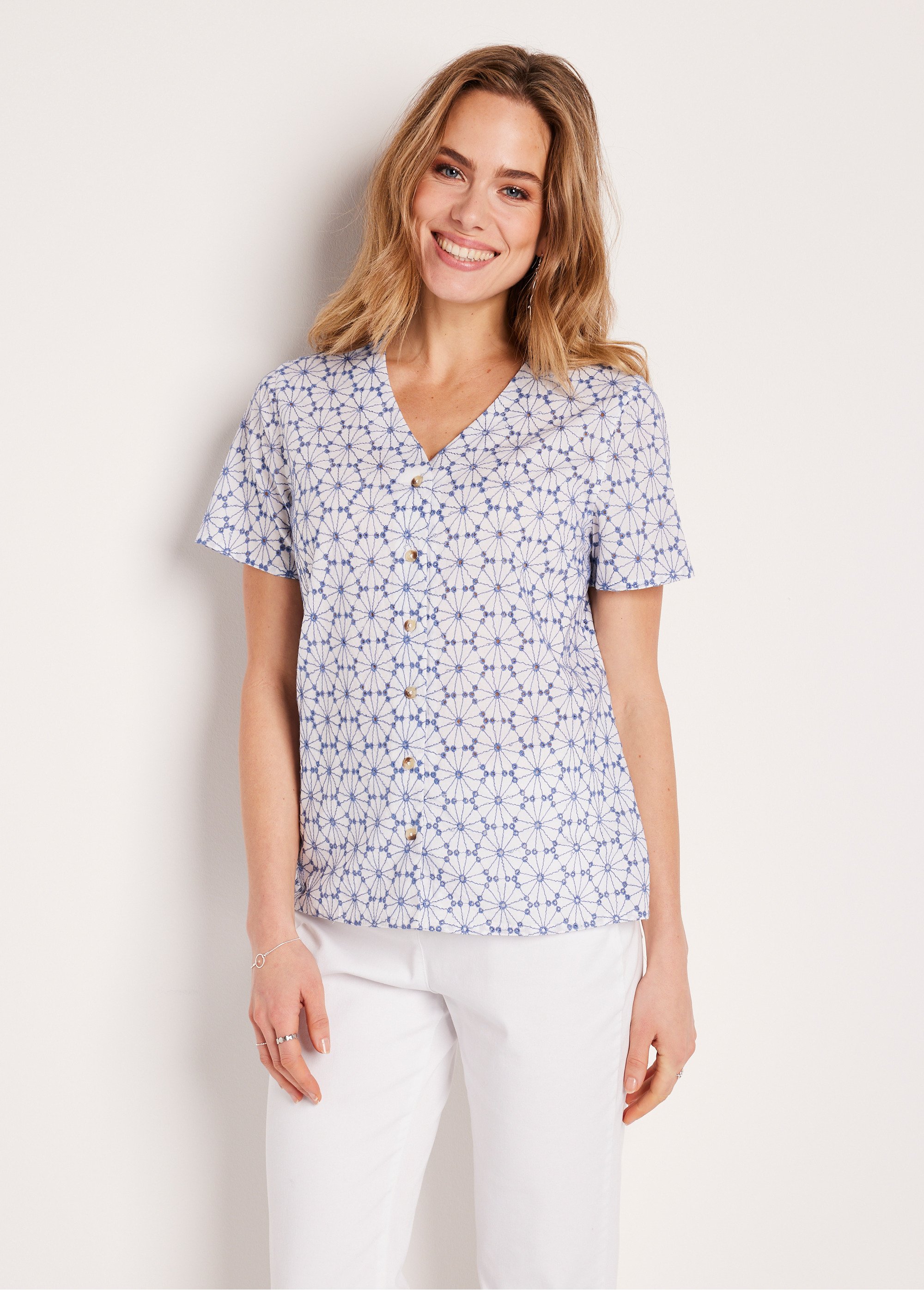 Chemisier long col V brodé