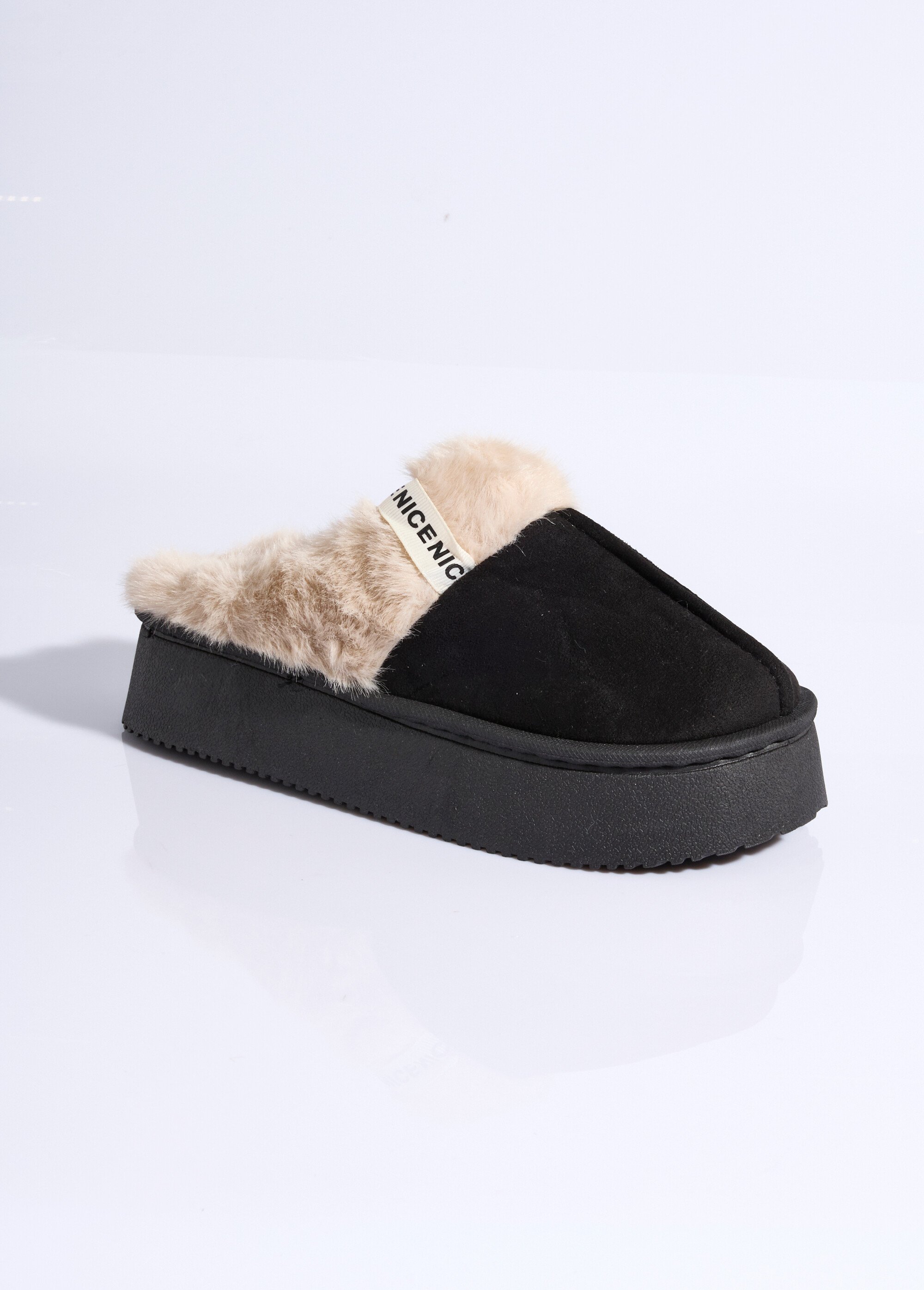 Mules compensées fourrées dessus suédine Femme Noir LBS-DMH9719 FA1