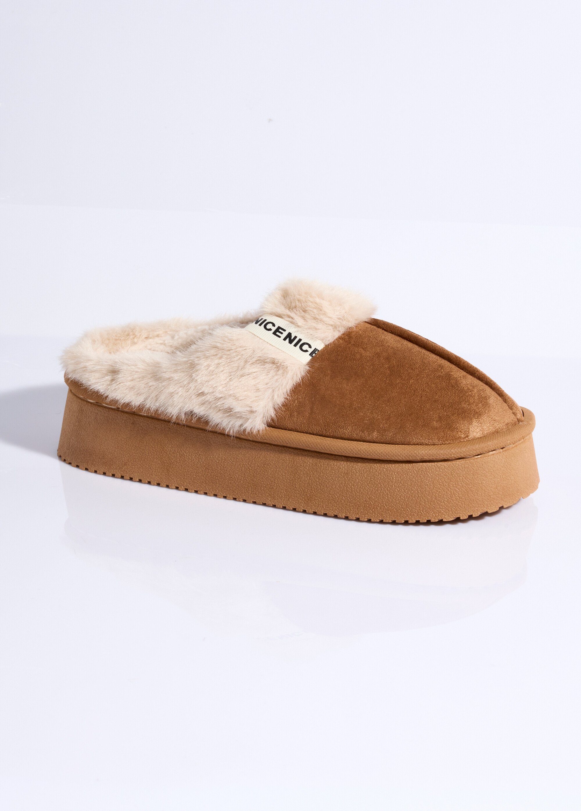 Mules compensées fourrées dessus suédine Femme Marron LBS-DMH9719 FA1