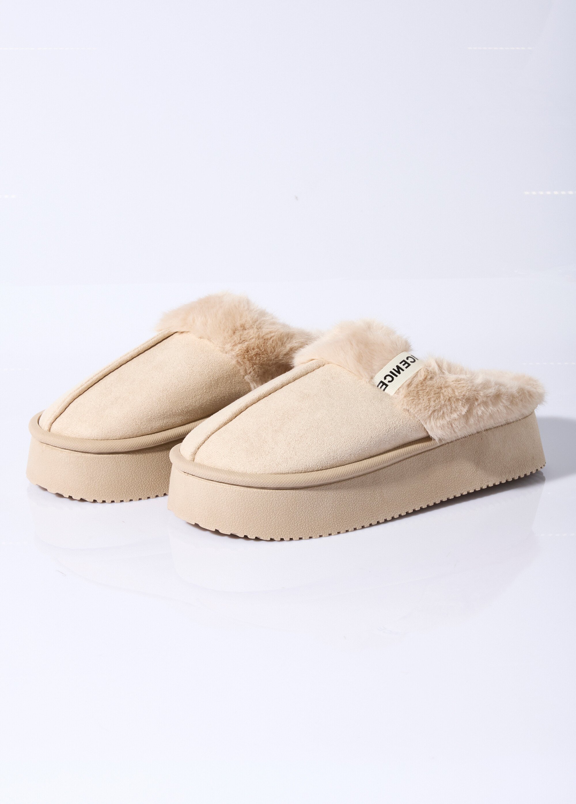 Mules compensées fourrées dessus suédine Femme Beige LBS-DMH9719 DE1
