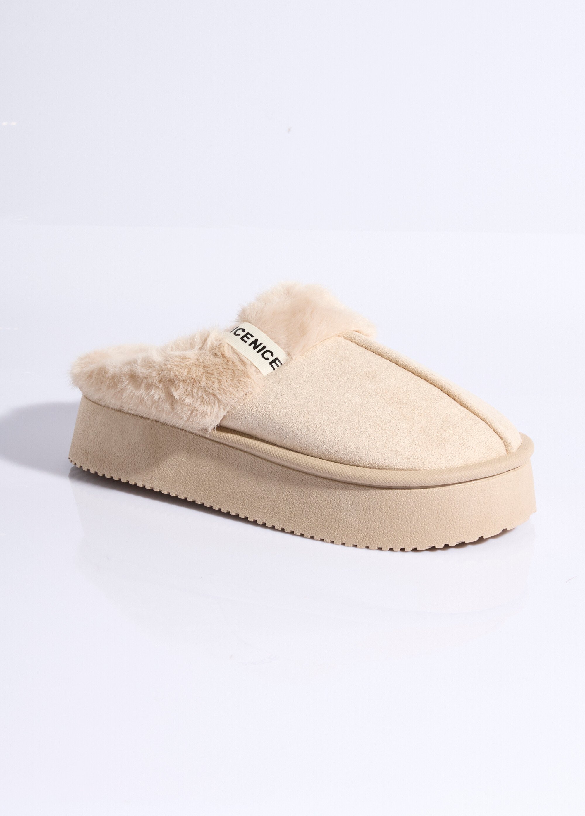 Mules compensées fourrées dessus suédine Femme Beige LBS-DMH9719 FA1