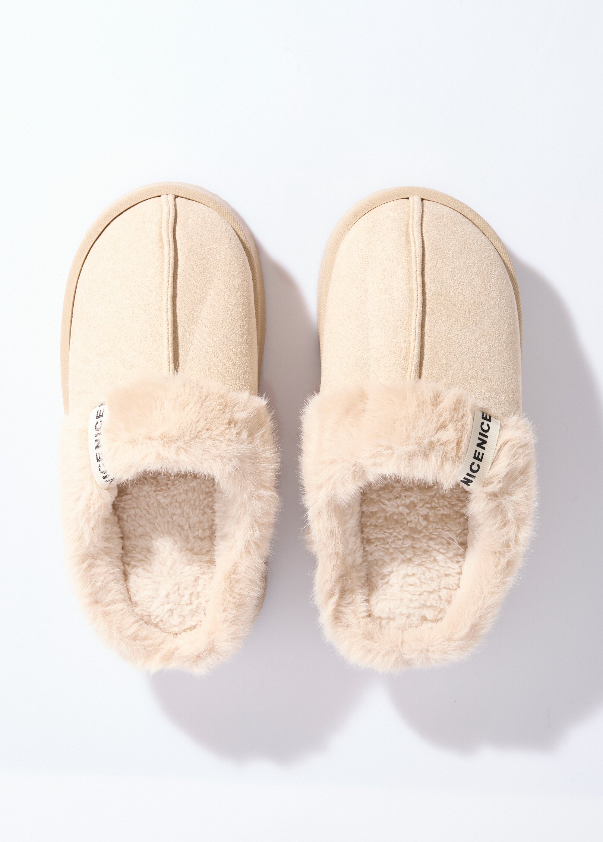 Mules compensées fourrées dessus suédine Femme Beige LBS-DMH9719 OV1