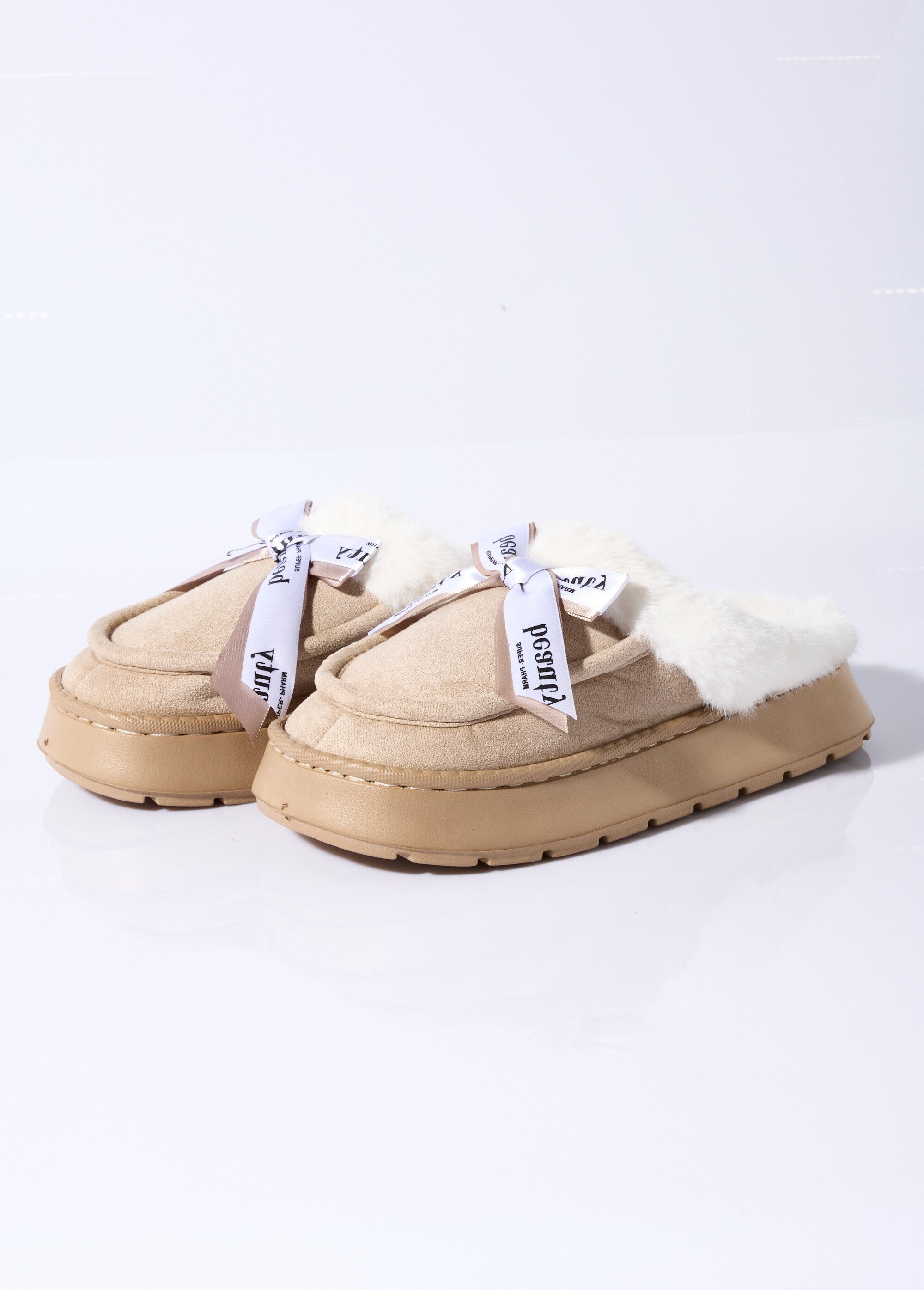 Mules fourrées compensées type mocassins