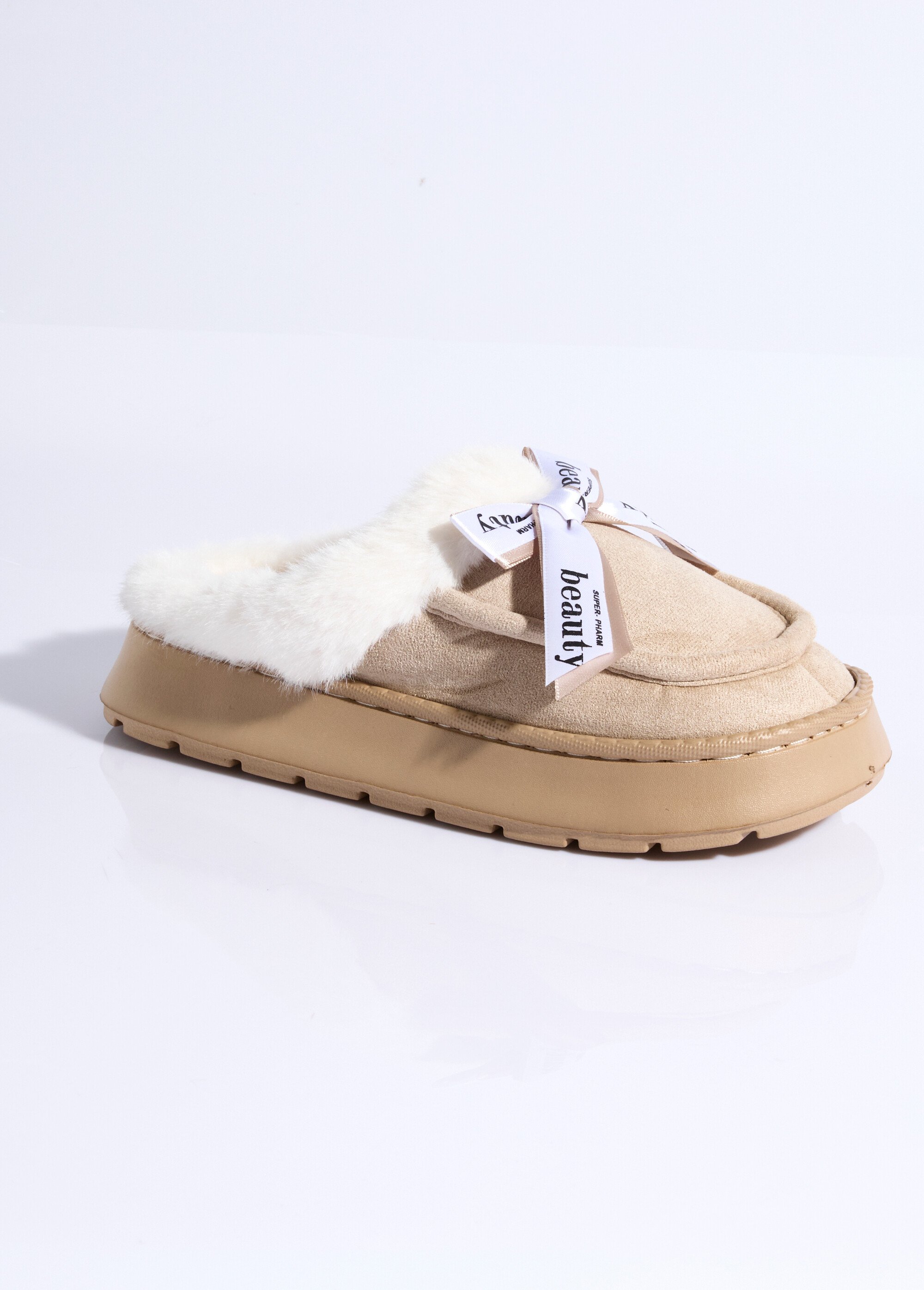 Mules fourrées compensées type mocassins Femme Beige LBS-BJJ9725 FA1