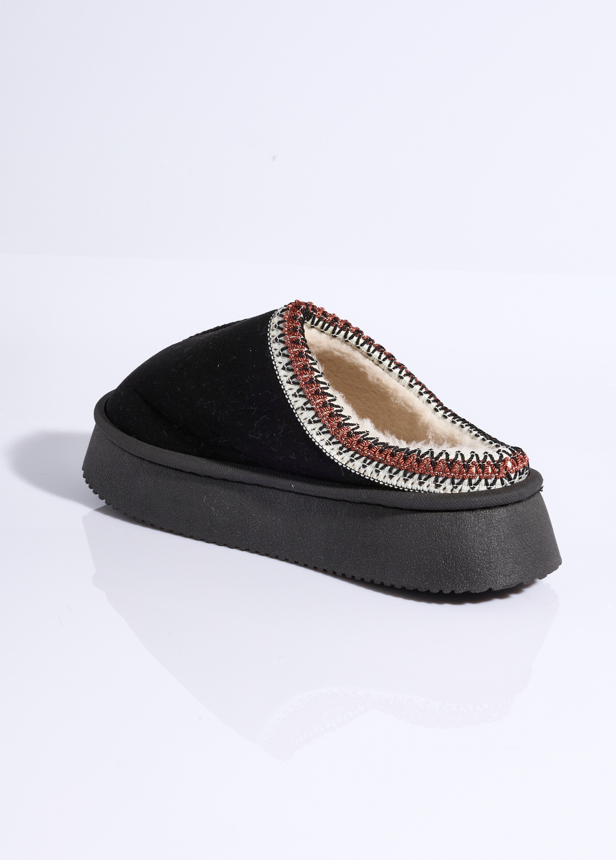 Mules suédine compensées, galon brodé Femme Noir LBS-DMH9715 DO1