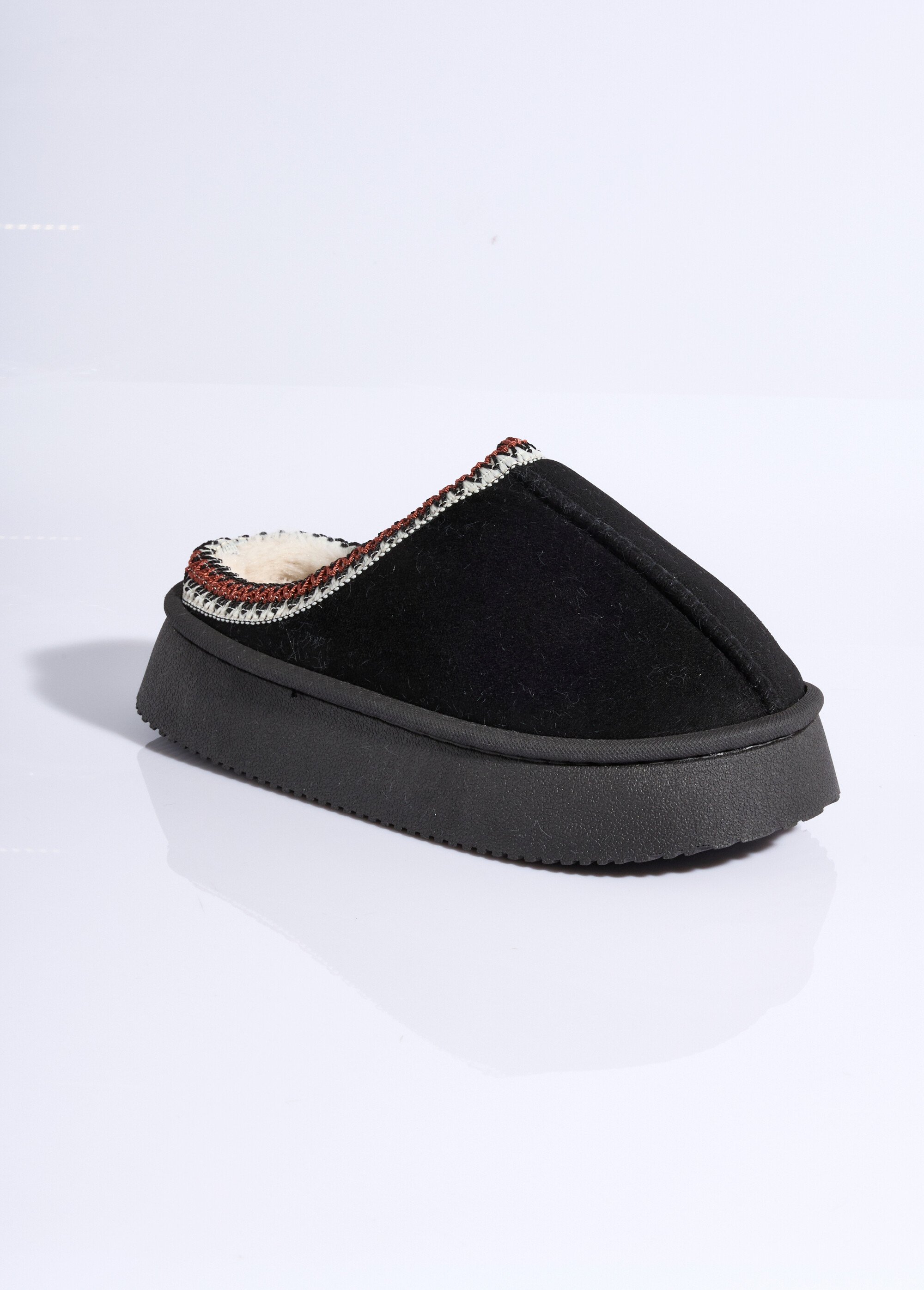Mules suédine compensées, galon brodé Femme Noir LBS-DMH9715 FA1