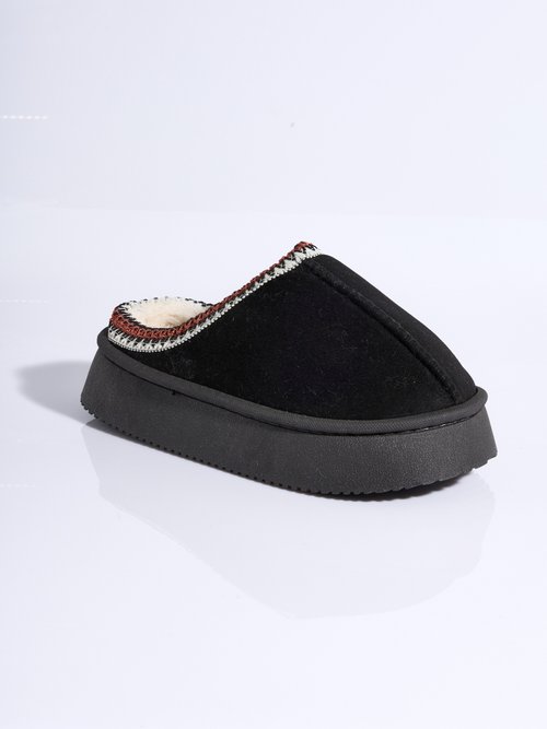 Mules suédine compensées, galon brodé Femme Noir LBS-DMH9715 FA1