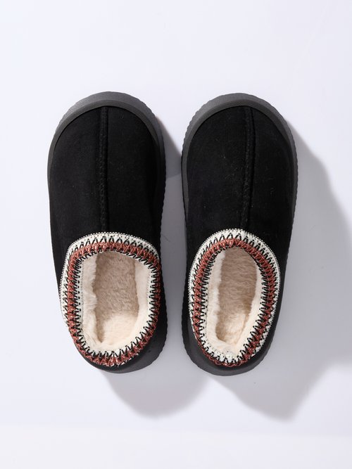 Mules suédine compensées, galon brodé Femme Noir LBS-DMH9715 OV1