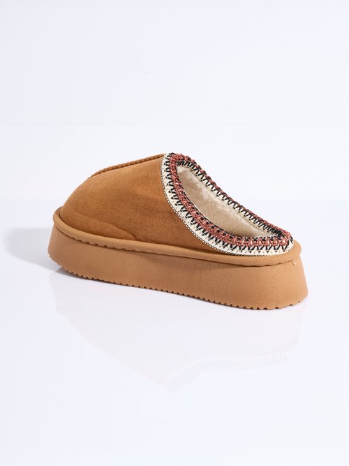 Mules suédine compensées, galon brodé Femme Marron LBS-DMH9715 DO1