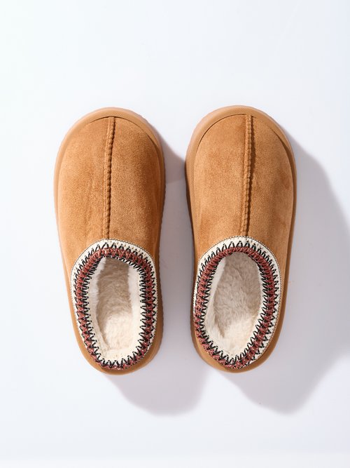 Mules suédine compensées, galon brodé Femme Marron LBS-DMH9715 OV1