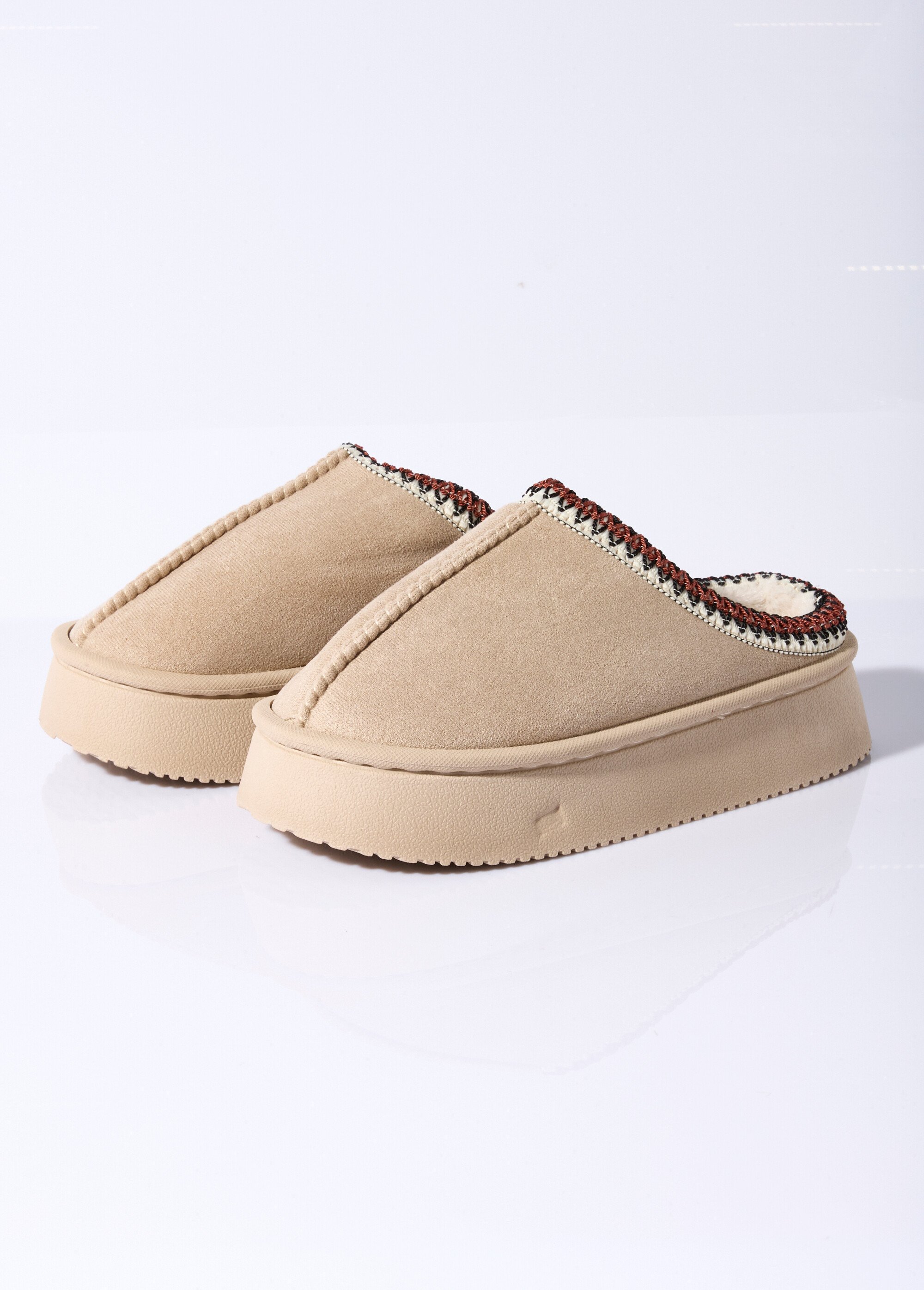 Mules suédine compensées, galon brodé Femme Beige LBS-DMH9715 DE1