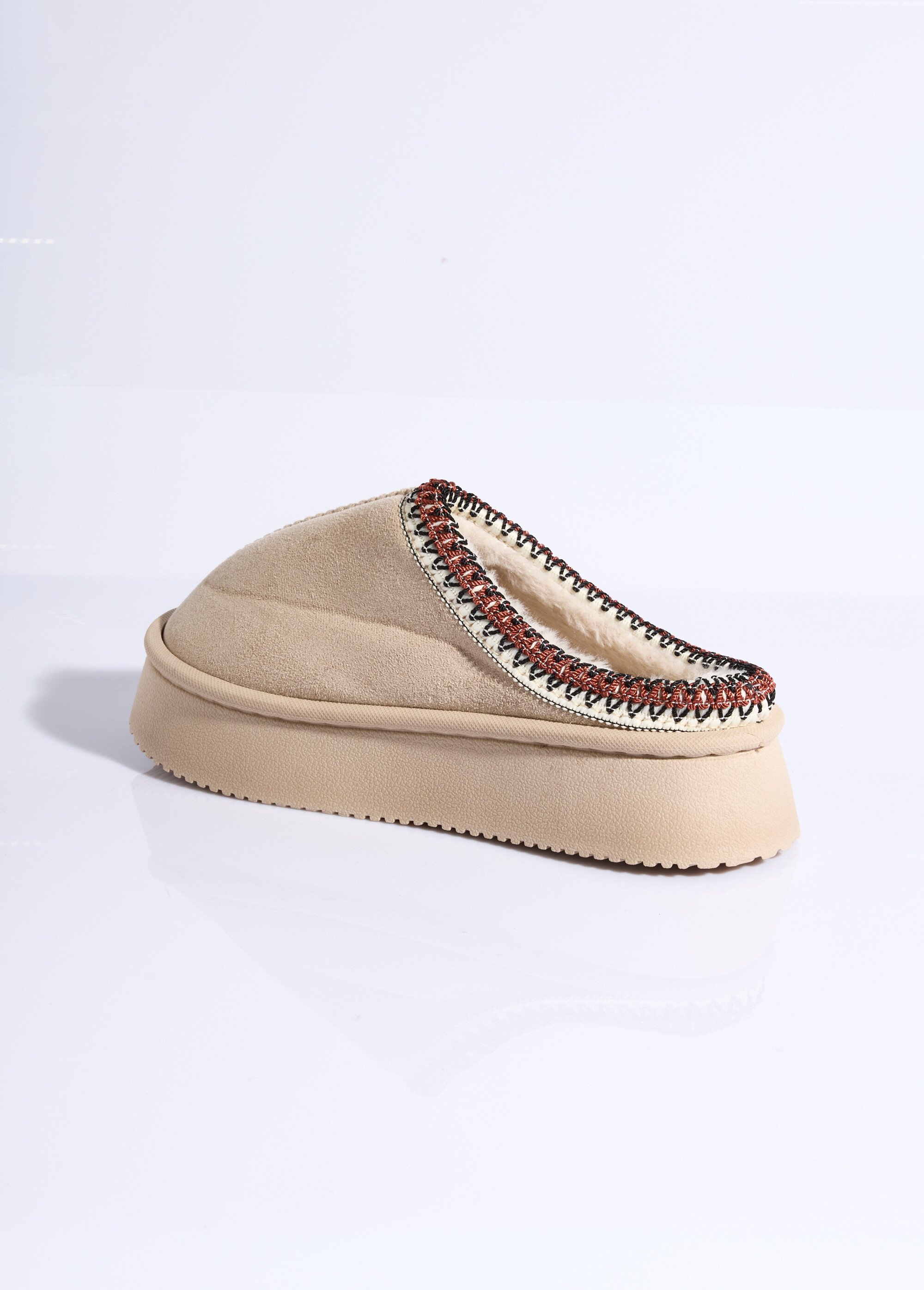 Mules suédine compensées, galon brodé Femme Beige LBS-DMH9715 DO1