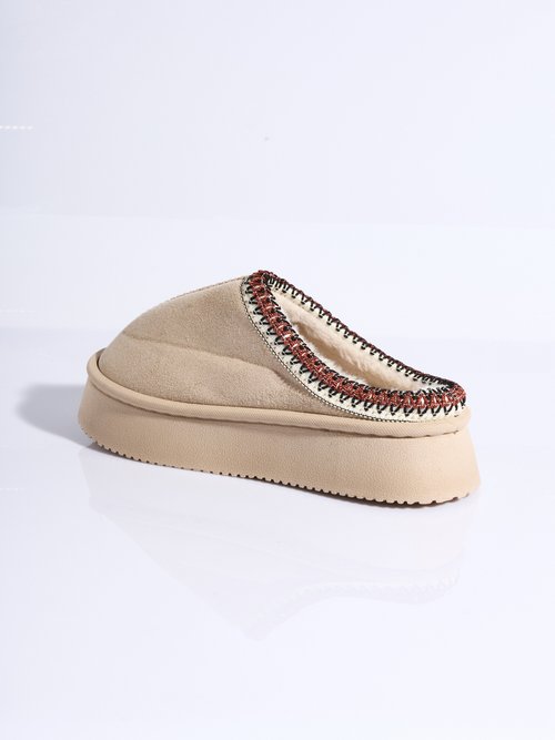 Mules suédine compensées, galon brodé Femme Beige LBS-DMH9715 DO1