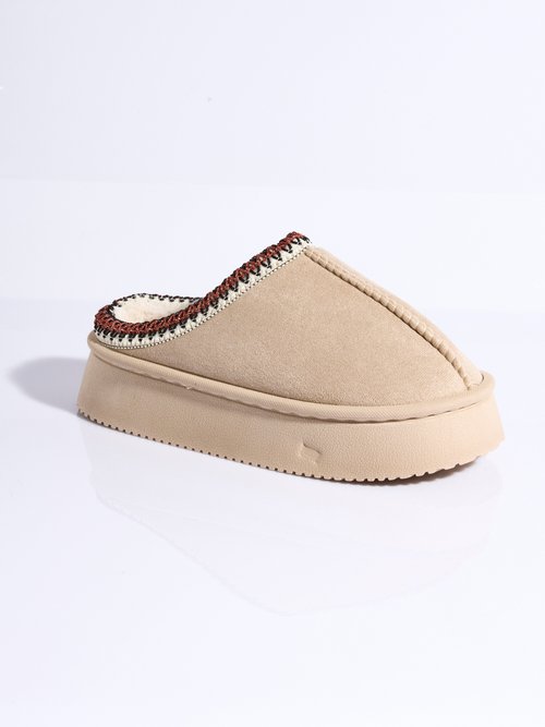 Mules suédine compensées, galon brodé Femme Beige LBS-DMH9715 FA1