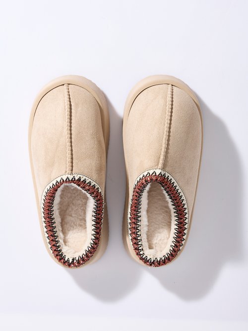 Mules suédine compensées, galon brodé Femme Beige LBS-DMH9715 OV1