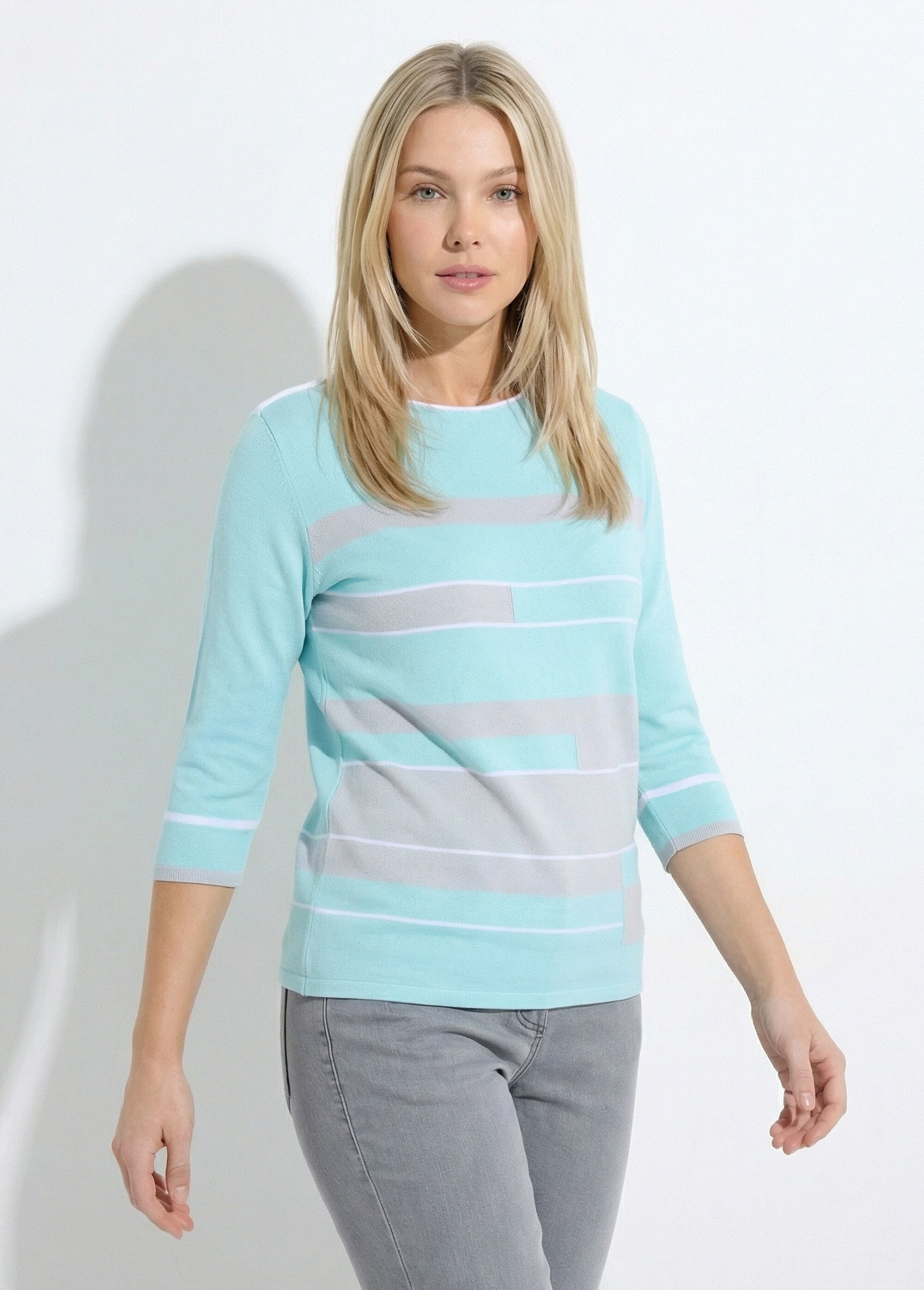 Pull manches 3/4 col bateau jacquard rayé devant Femme Vert MILLY FA1