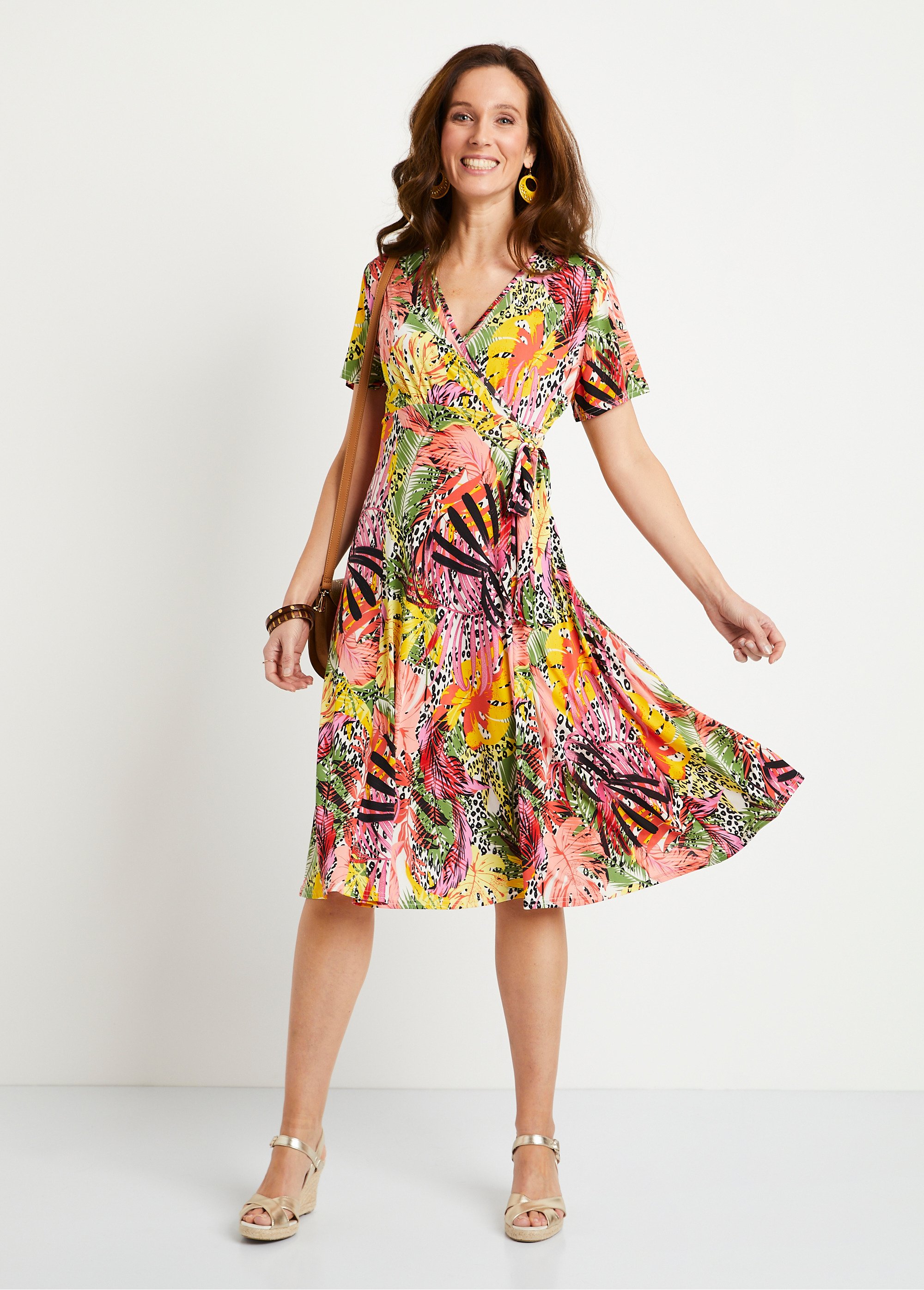 Robe cache-coeur courte floral et peau de bête Femme ROSE ET JAUNE ENZO FA2
