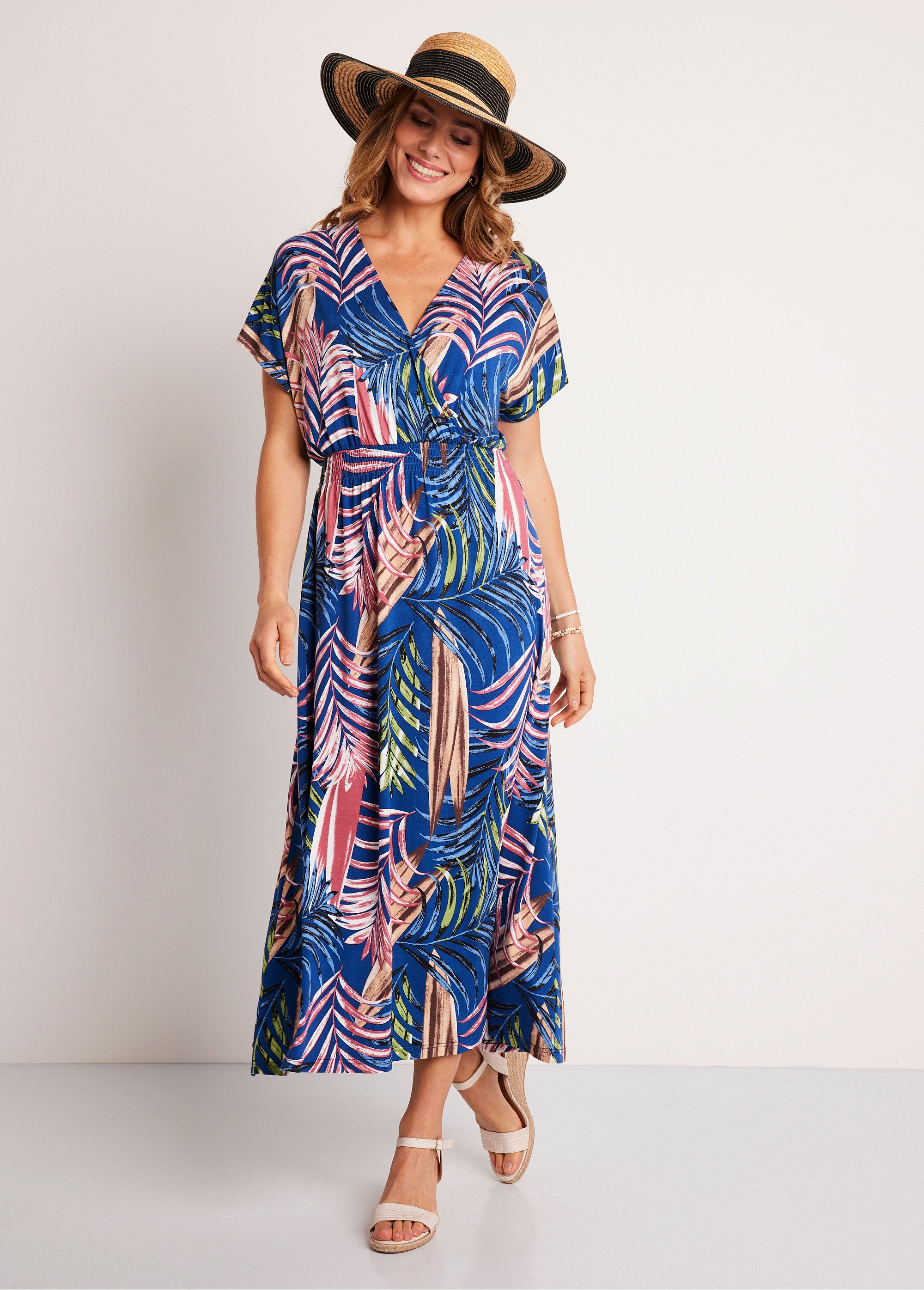 Robe longue évasée imprimé tropical Femme Bleu ELISA FA2
