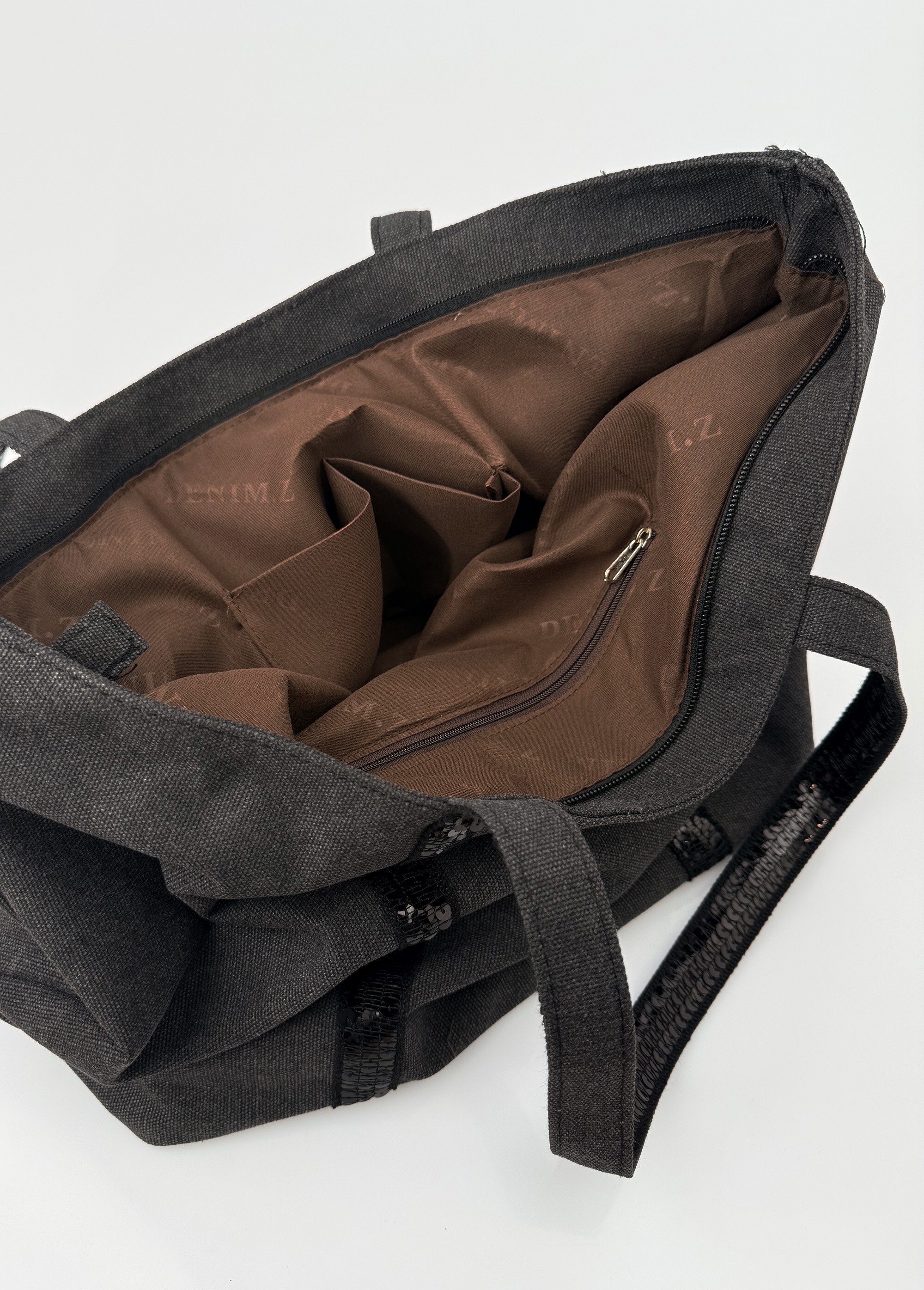 Sac cabas en toile avec détails sequins Femme Noir BAG-F838 DE2