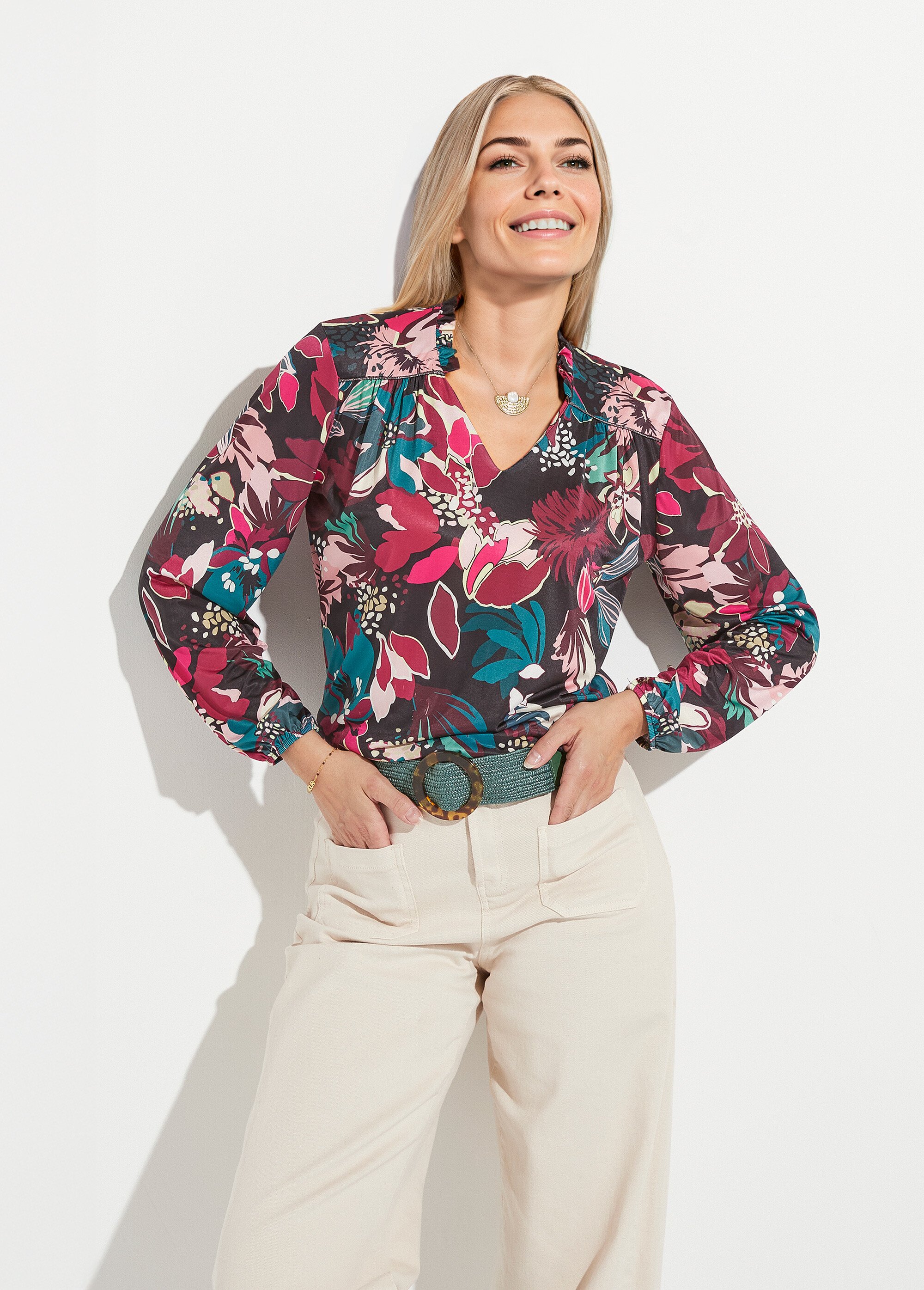 T-shirt col montant imprimé fleurs Femme Rose CAROLINA MV1