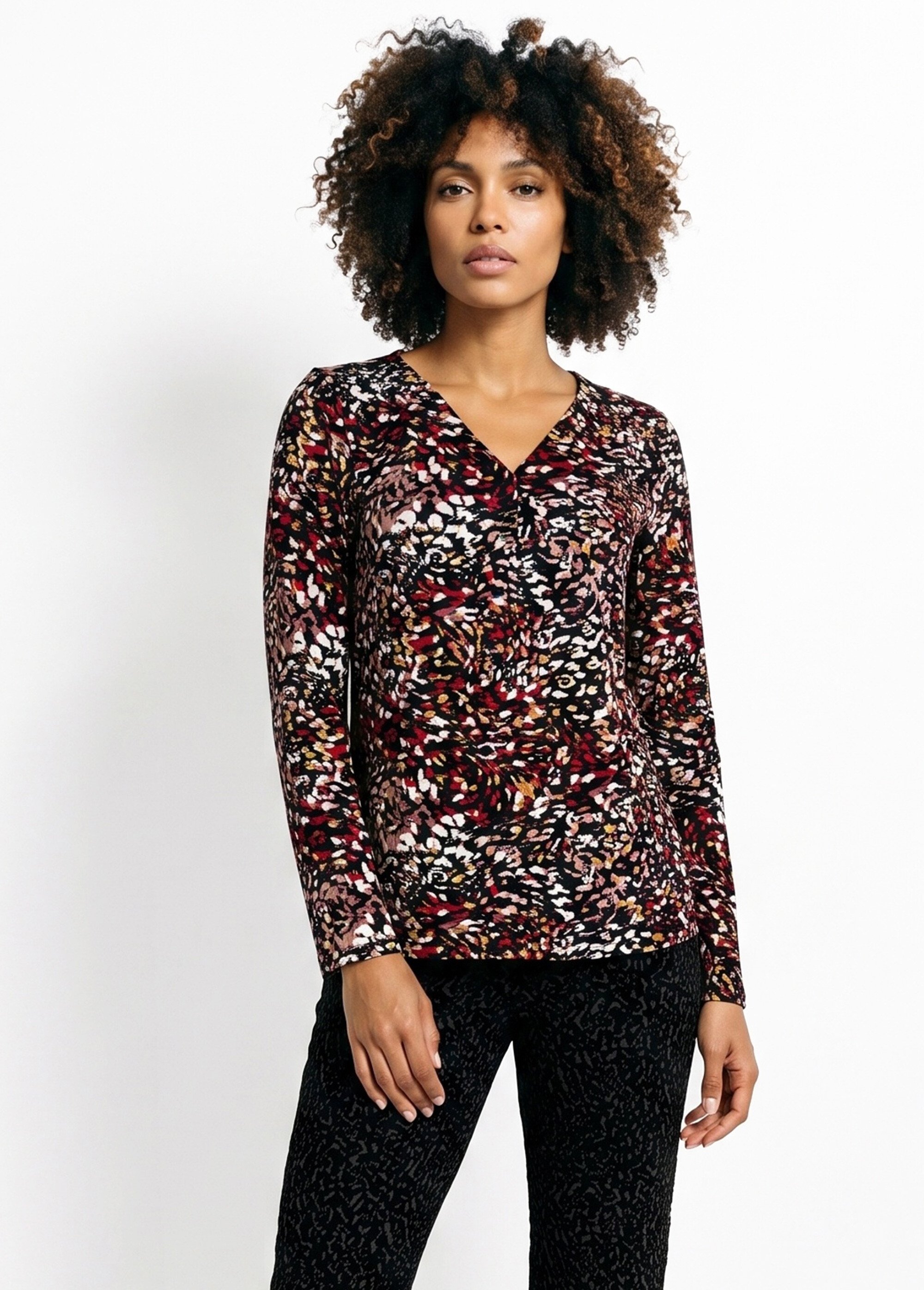 T-shirt évasé col V imprimé graphique multicolore Femme Noir CAMEROUN FA1