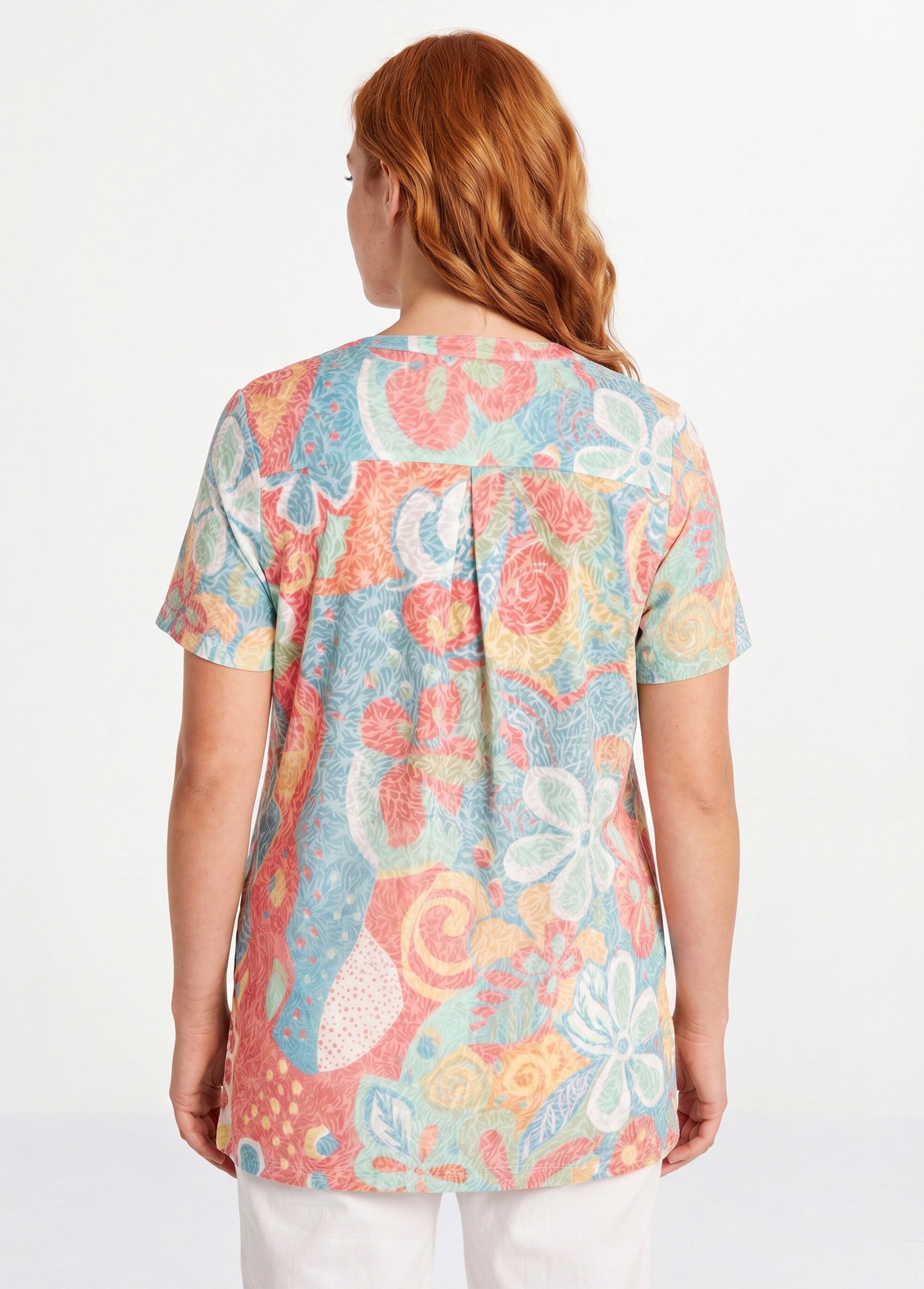 T-shirt long ample fleuri manches courtes