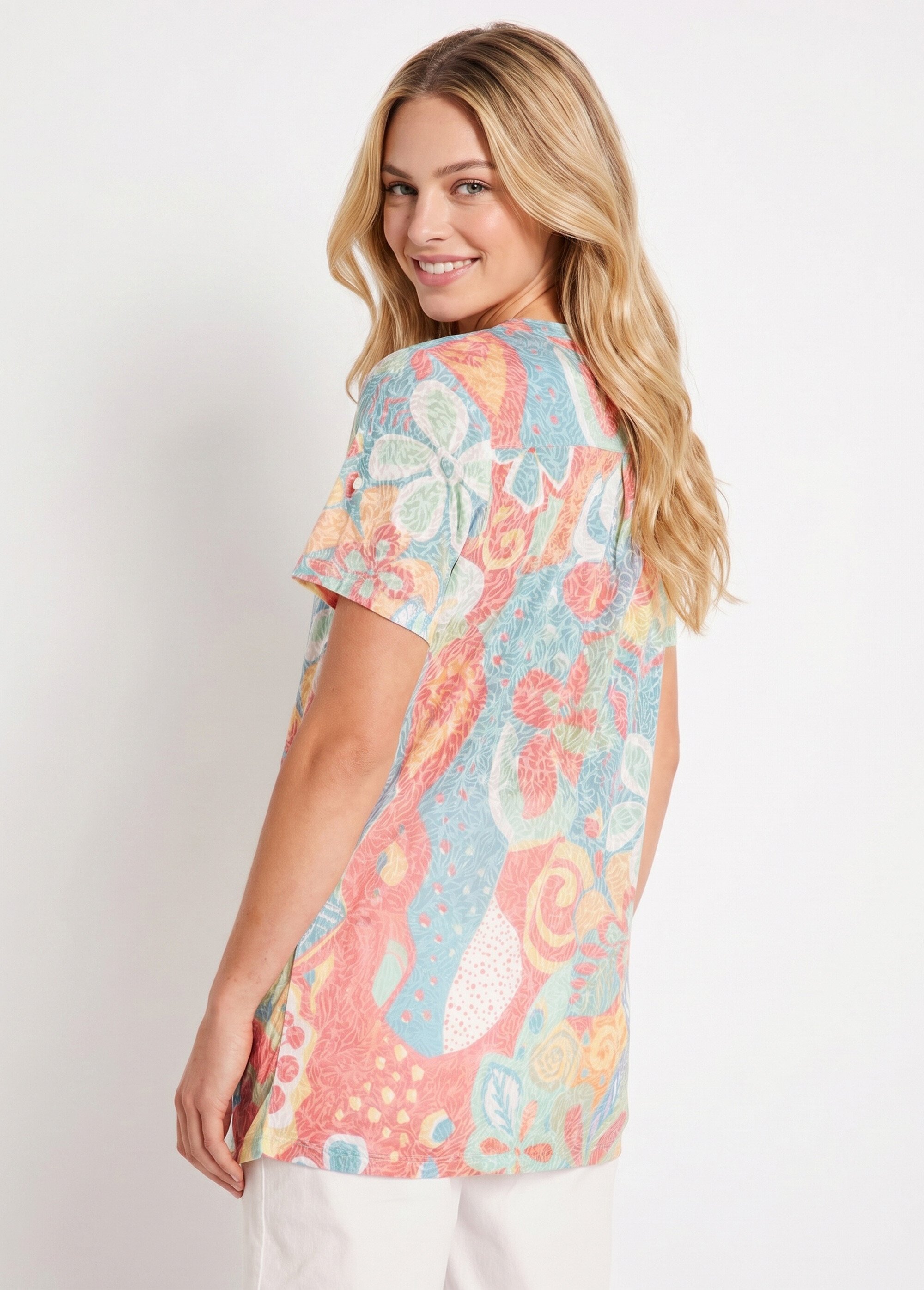 T-shirt long ample fleuri manches courtes