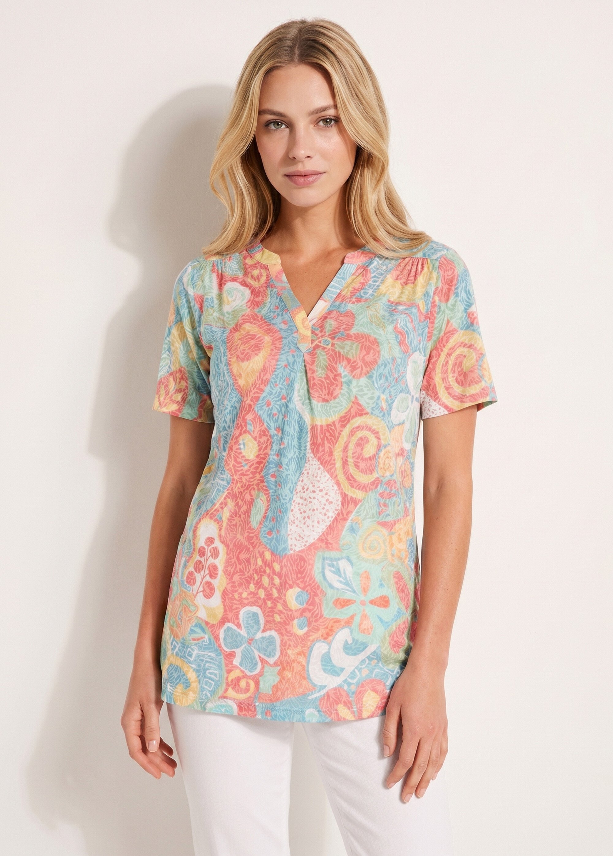 T-shirt long ample fleuri manches courtes Femme Bleu CHENOU FA1