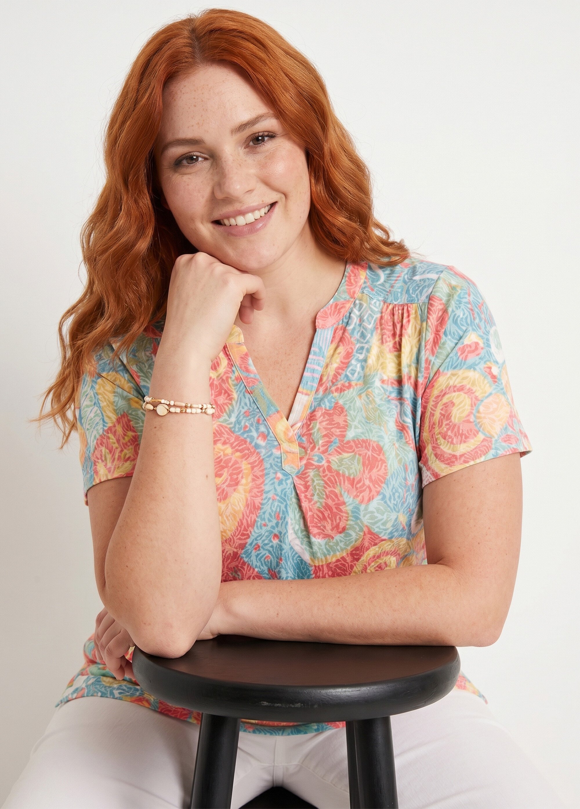 T-shirt long ample fleuri manches courtes