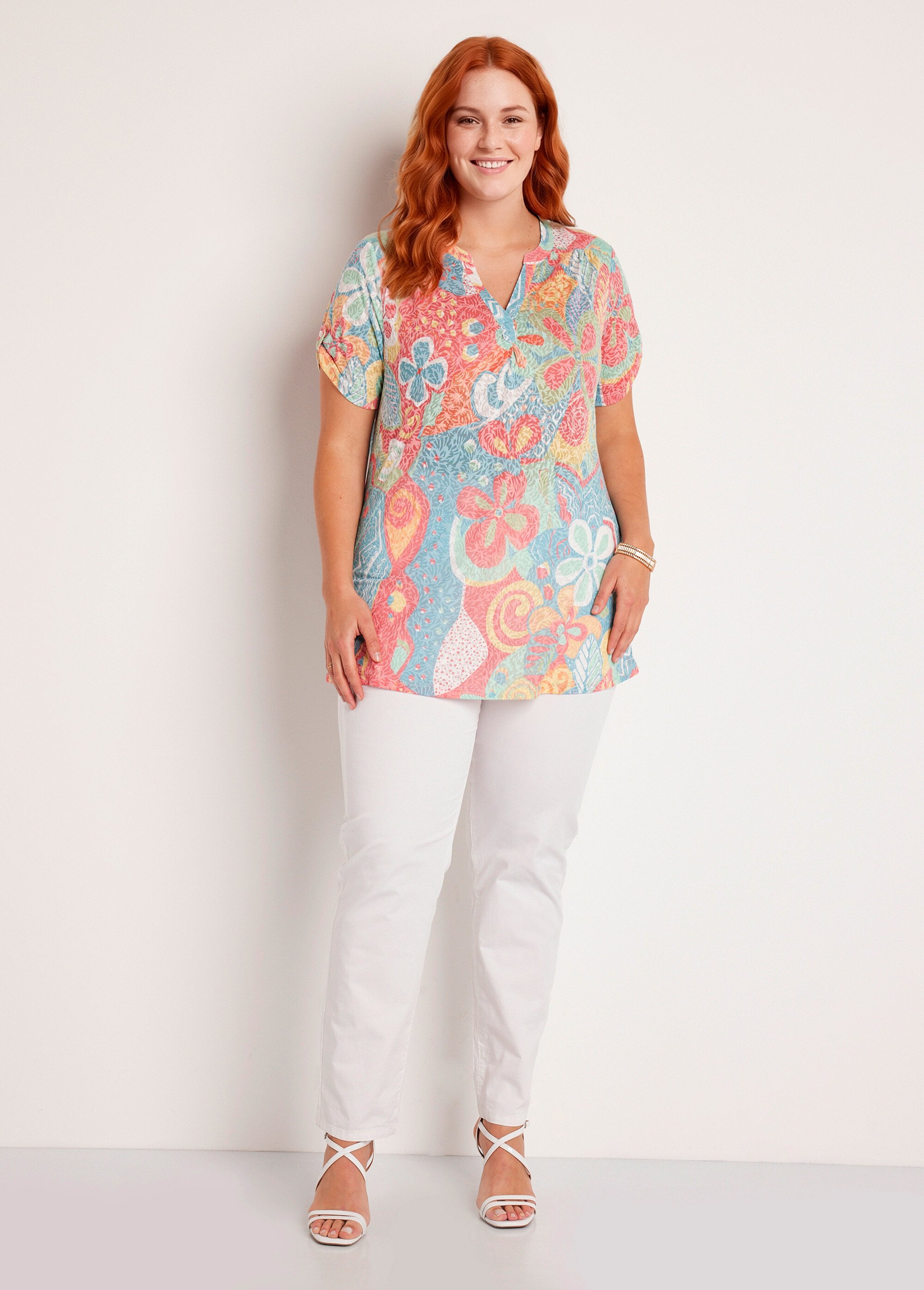 T-shirt long ample fleuri manches courtes Femme Grande Taille Bleu CHENOU SI1