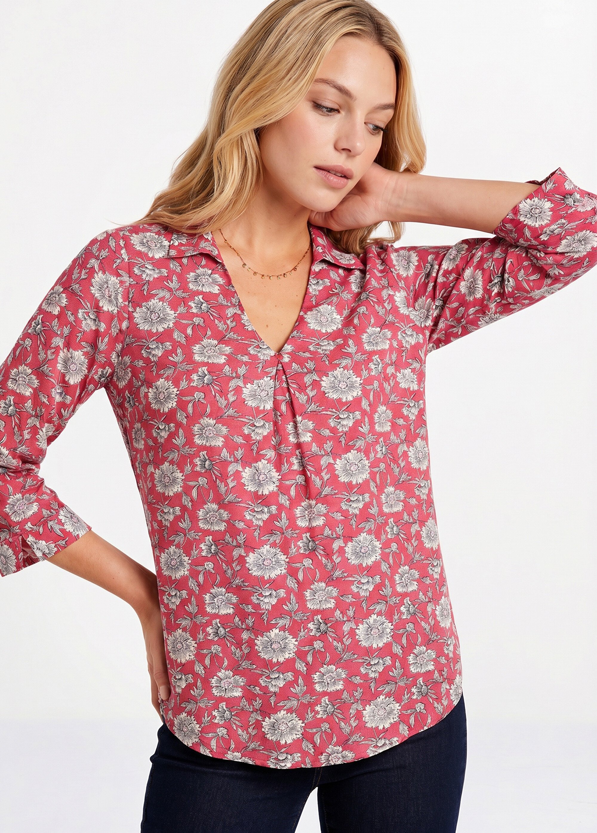 Tunique fluide longue évasée fleurie Femme Rose CABANIS MV1