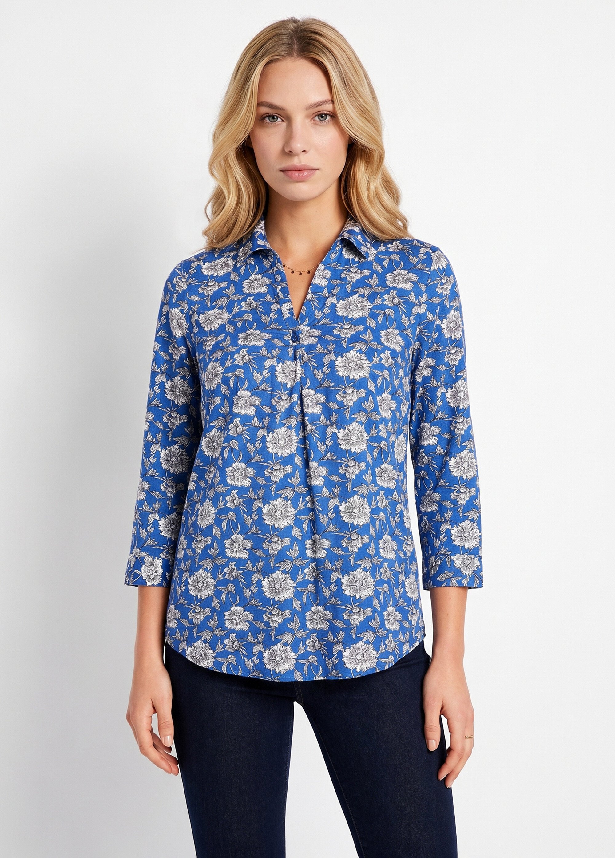 Tunique fluide longue évasée fleurie Femme Bleu CABANIS FA1
