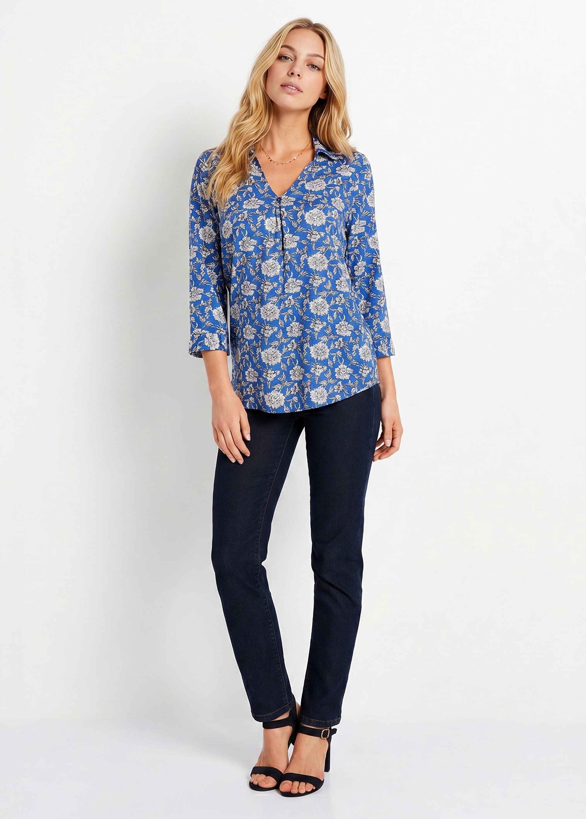 Tunique fluide longue évasée fleurie Femme Bleu CABANIS SI1