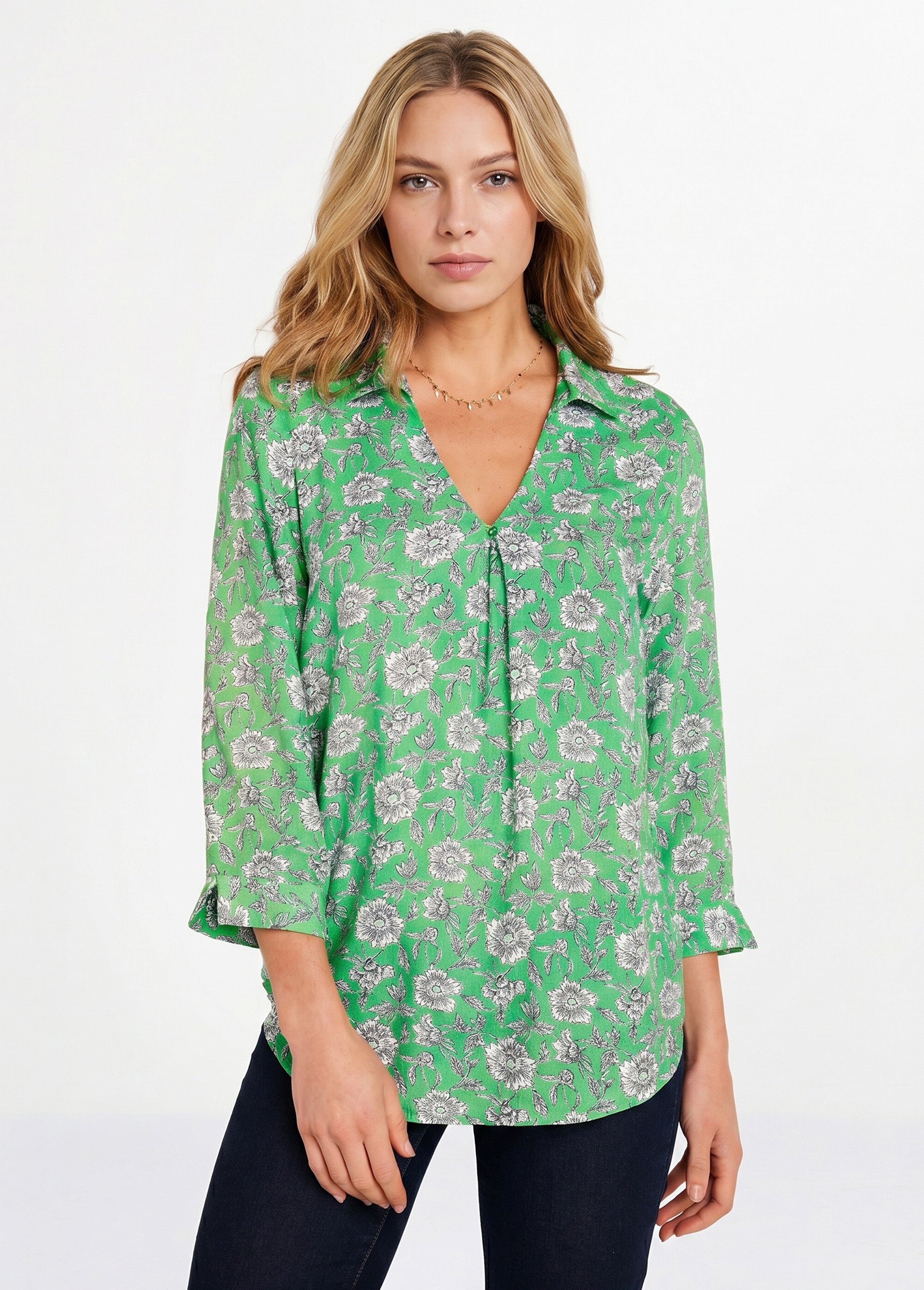 Tunique fluide longue évasée fleurie Femme Vert CABANIS FA1