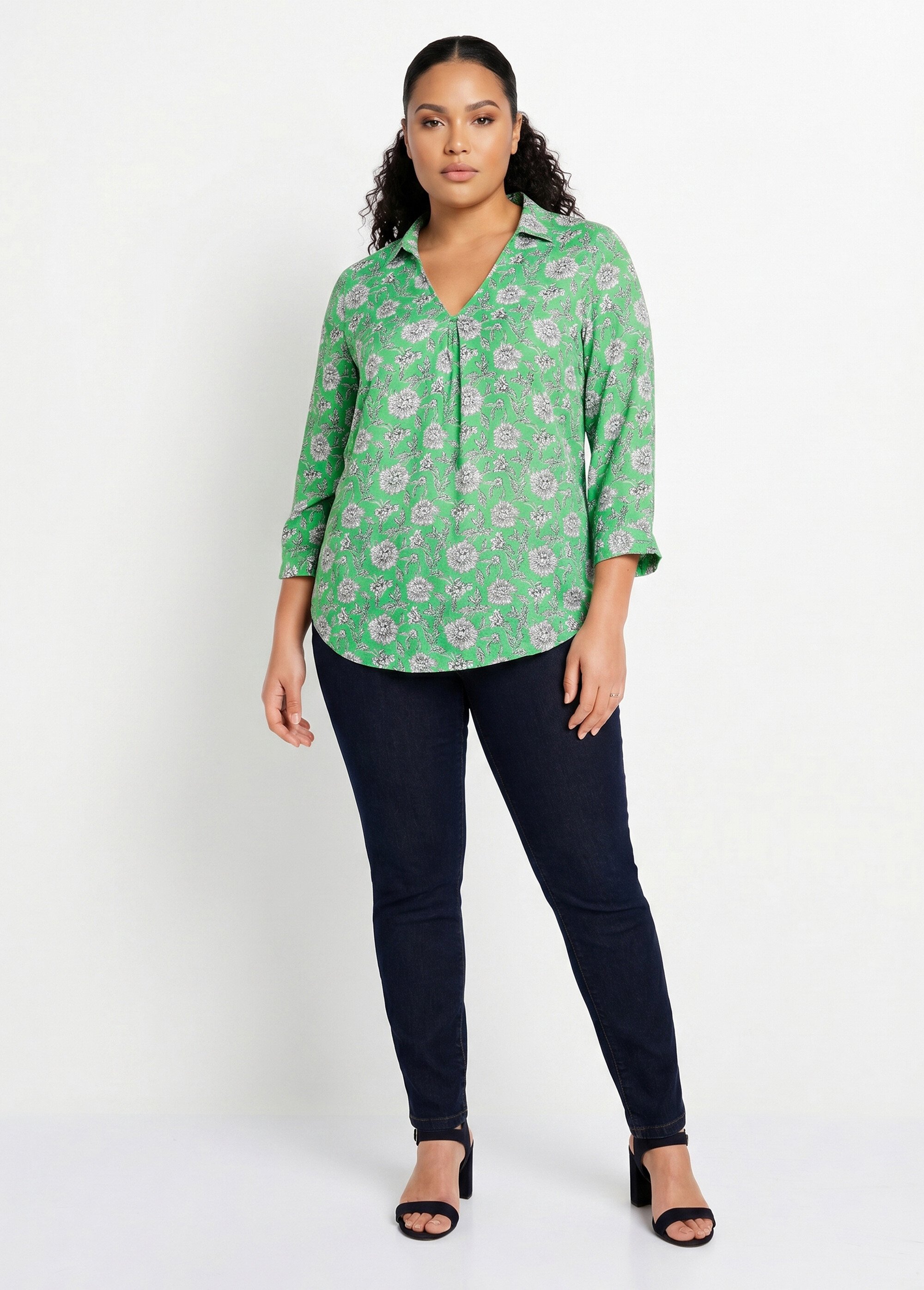 Tunique fluide longue évasée fleurie Femme Grande Taille Vert CABANIS SF1