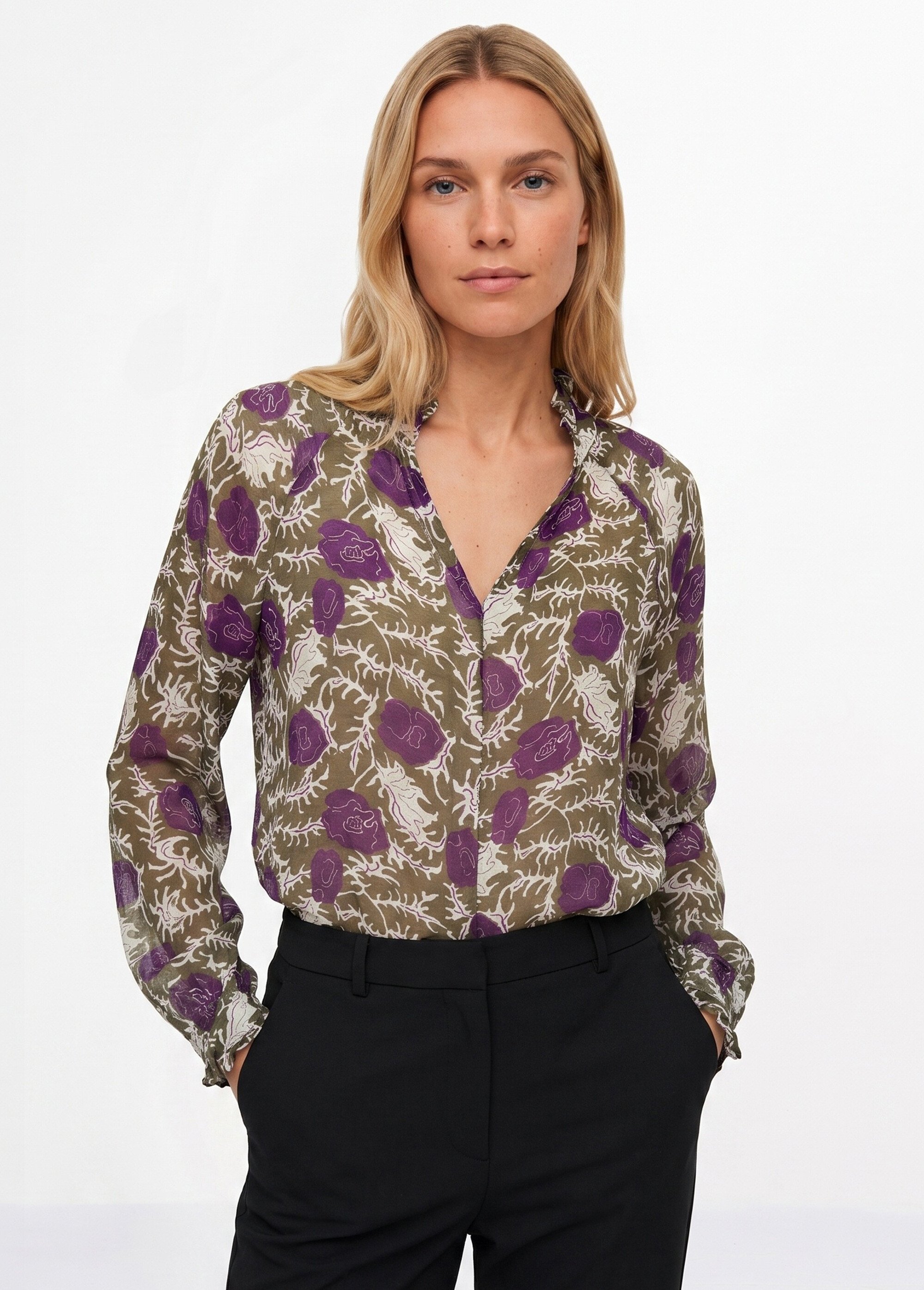 Tunique voile imprimé, col volanté Femme Vert JB-B6352 MV1