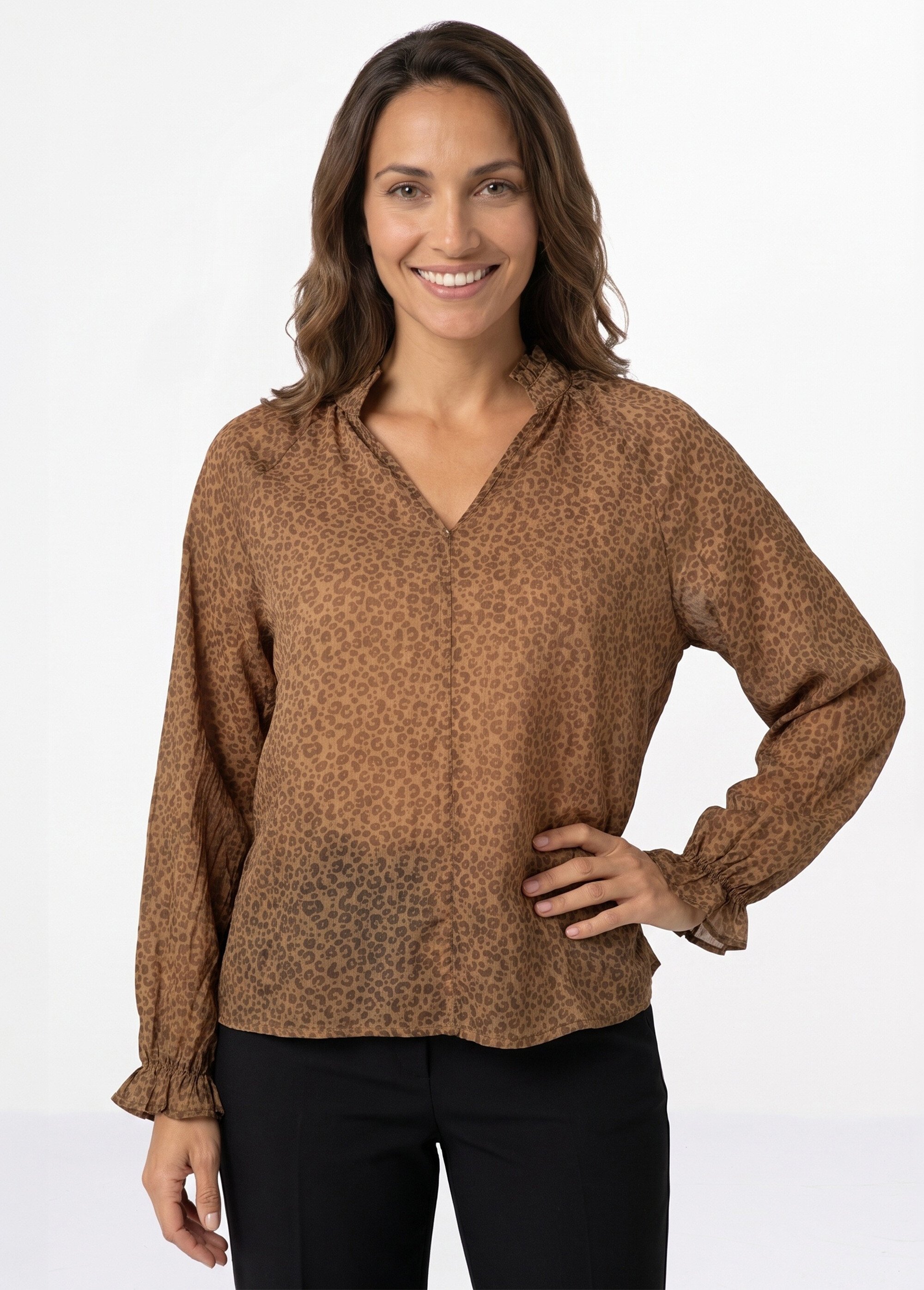 Tunique voile motif léopard, col volanté Femme Marron JB-B6337 FA1