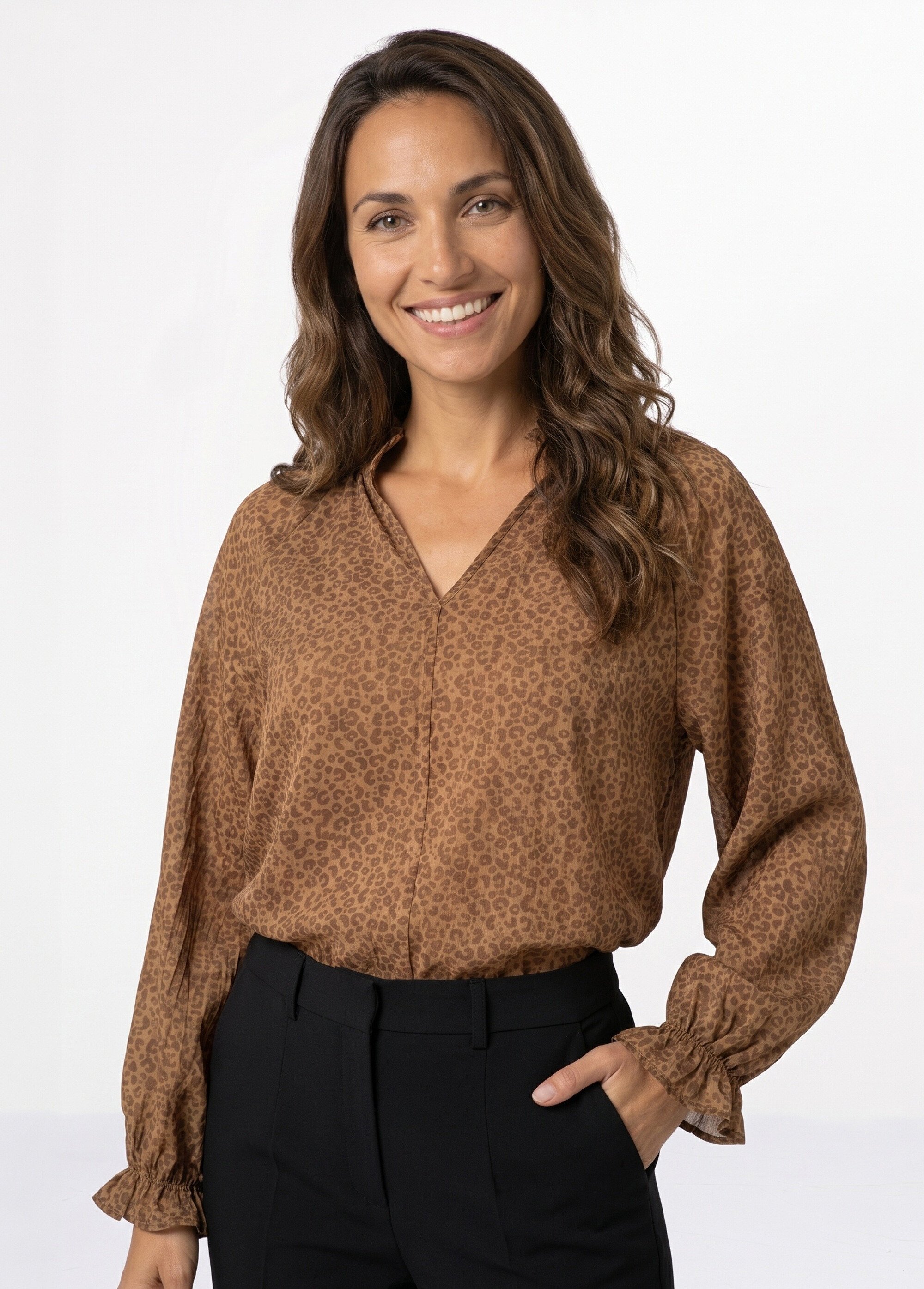 Tunique voile motif léopard, col volanté Femme Marron JB-B6337 MV1
