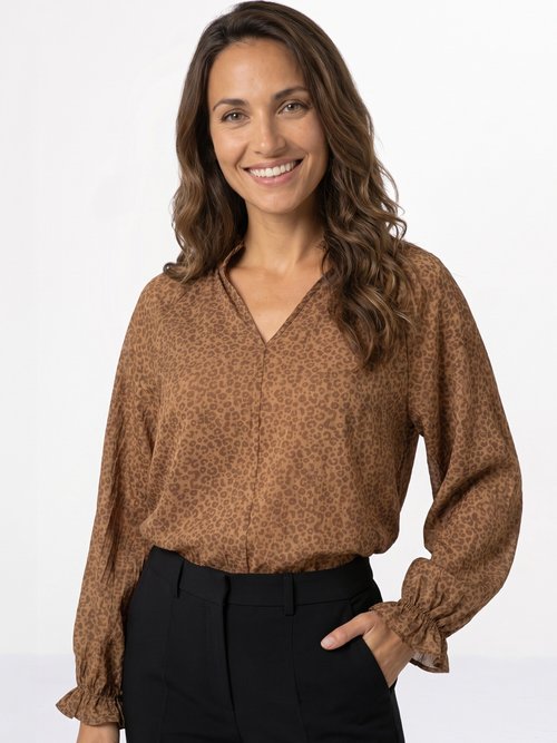 Tunique voile motif léopard, col volanté Femme Marron JB-B6337 MV1