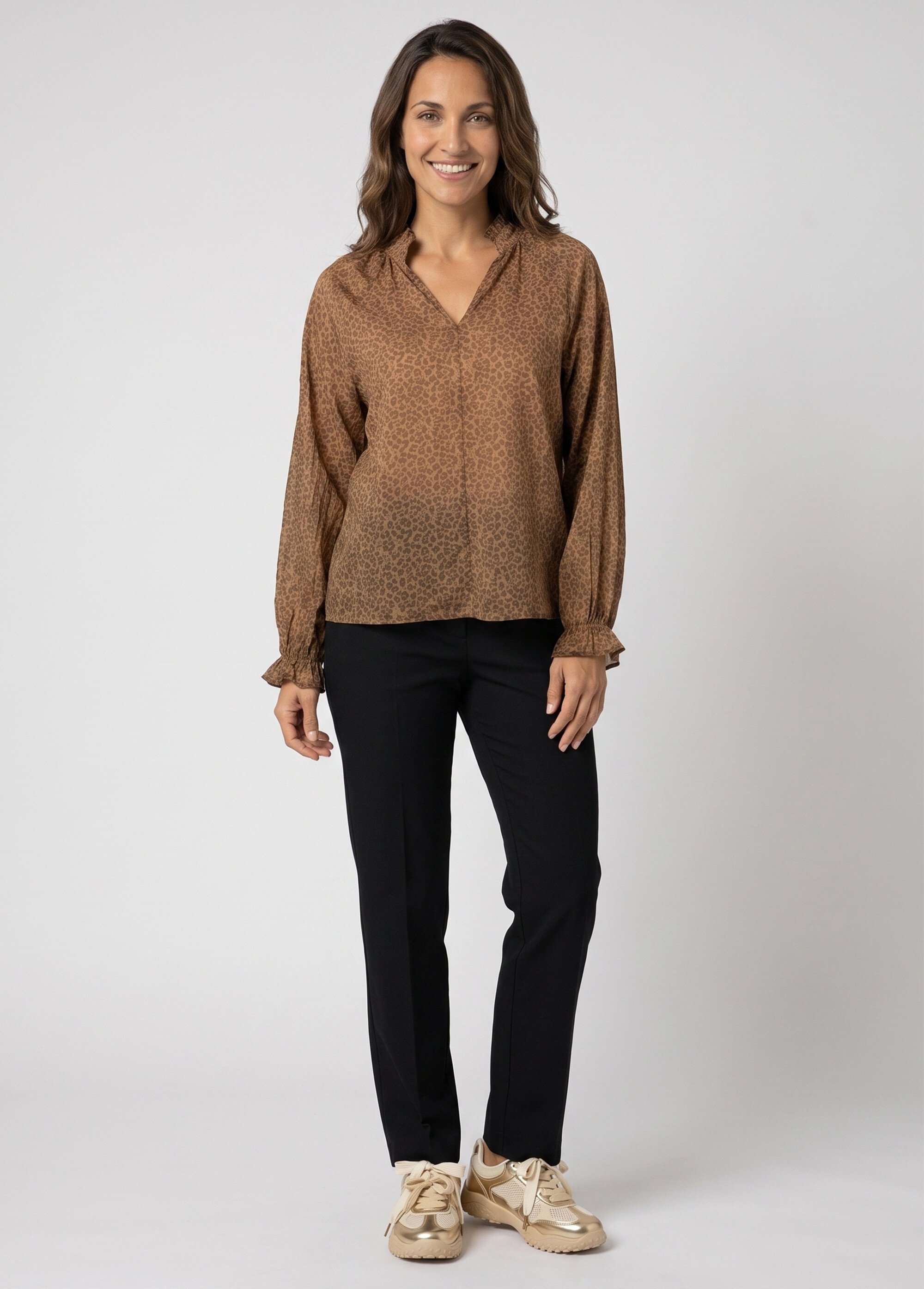Tunique voile motif léopard, col volanté Femme Marron JB-B6337 SI1
