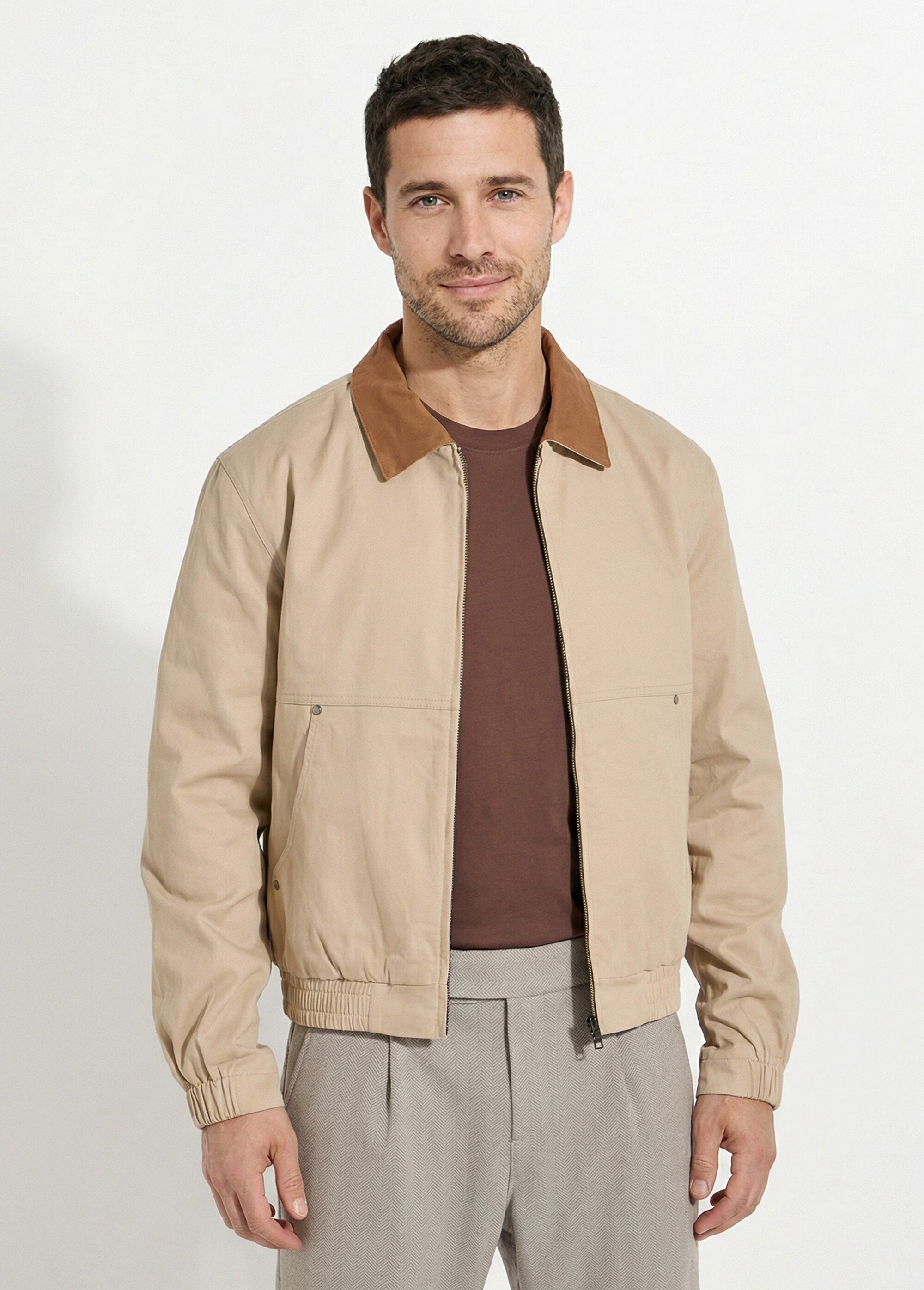 Veste casual zippée en toile coton Homme Marron FRIBM2578U FA1