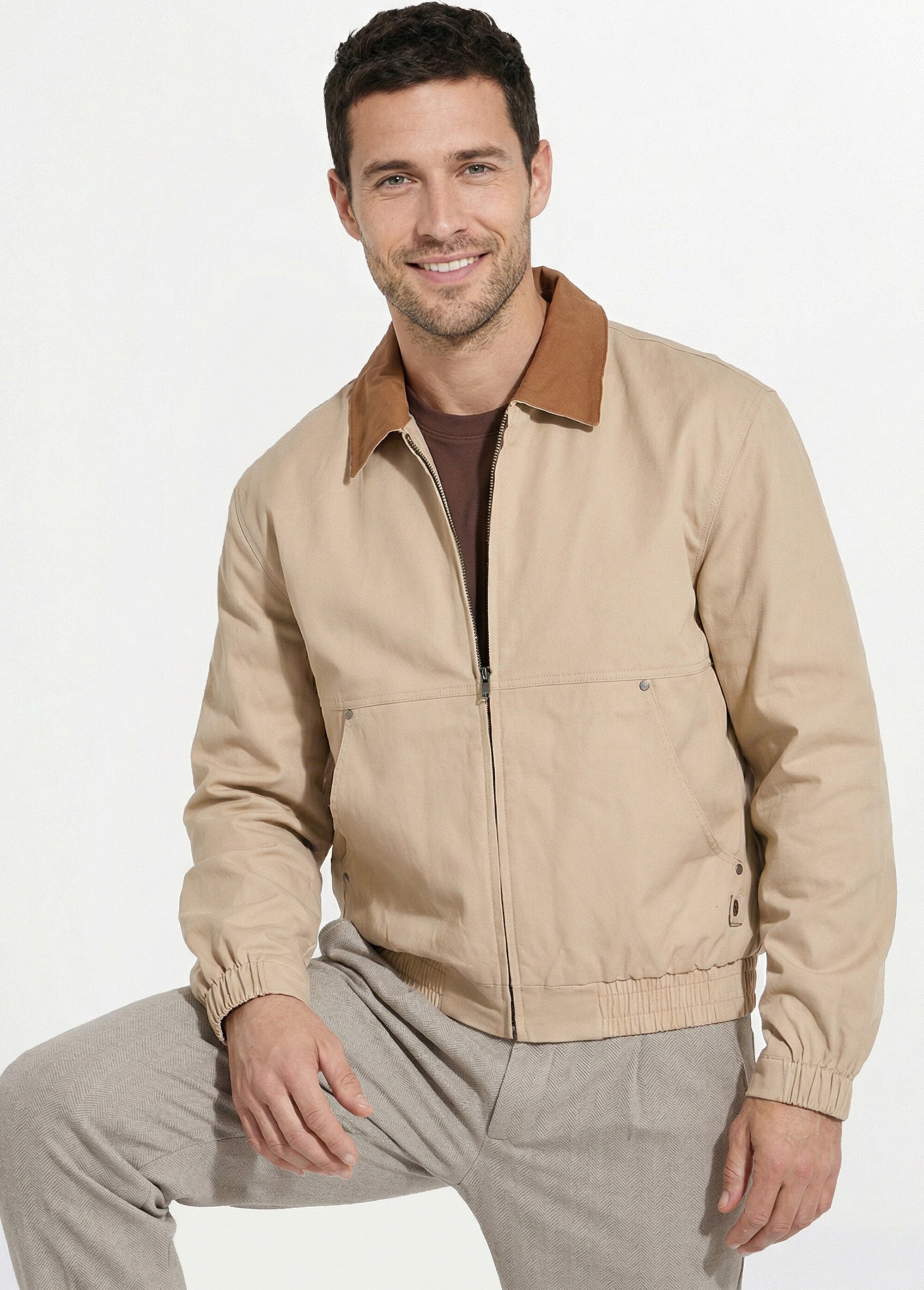 Veste casual zippée en toile coton Homme Marron FRIBM2578U MV1