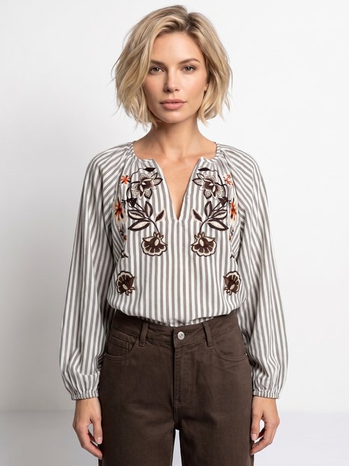 Blouse rayée col V, broderies fleurs Femme Beige JSM-TOP3777 FA1