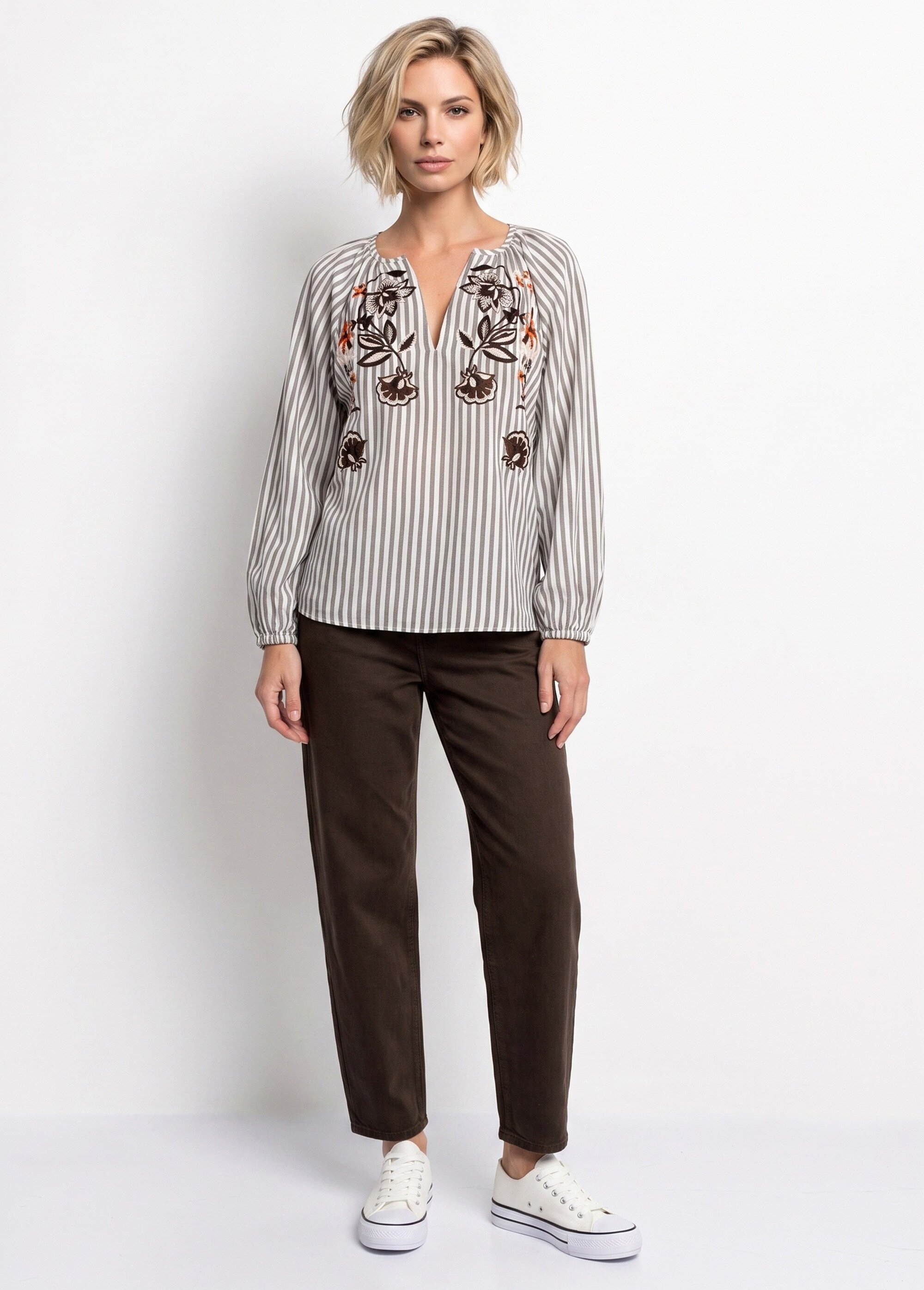 Blouse rayée col V, broderies fleurs Femme Beige JSM-TOP3777 SI1