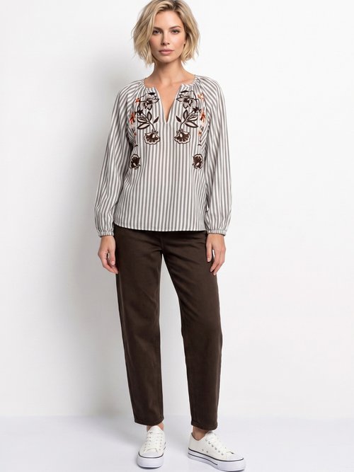 Blouse rayée col V, broderies fleurs Femme Beige JSM-TOP3777 SI1