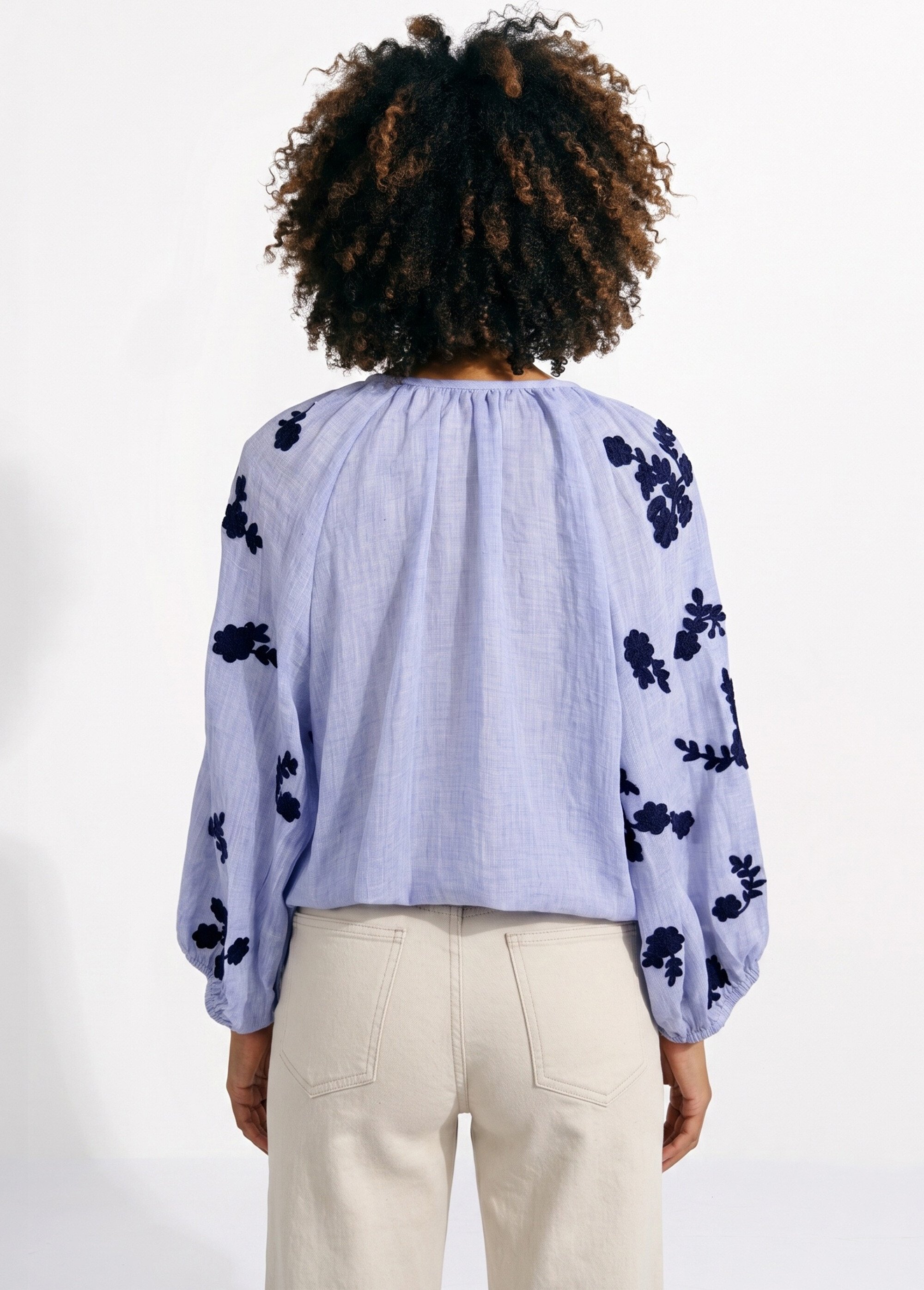 Blouse voile coton et broderies fleurs Femme Bleu JSM-TOP3730 DO1