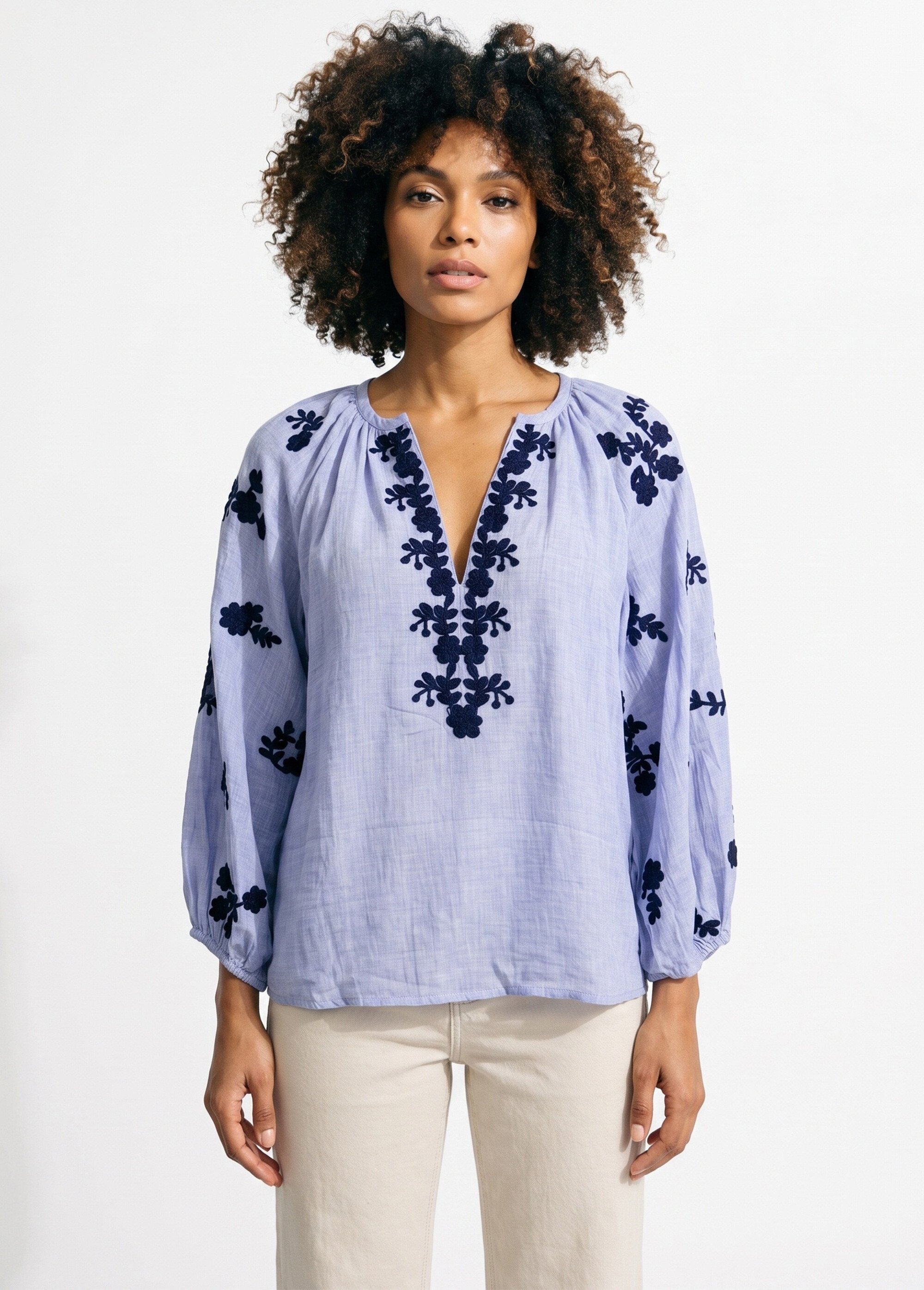 Blouse voile coton et broderies fleurs Femme Bleu JSM-TOP3730 FA1