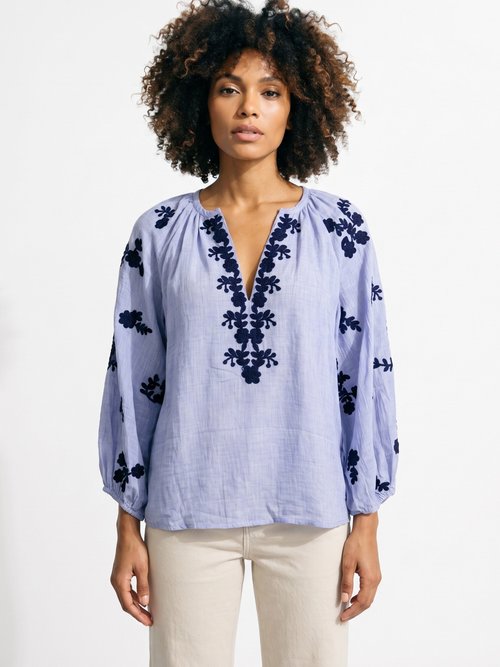 Blouse voile coton et broderies fleurs Femme Bleu JSM-TOP3730 FA1