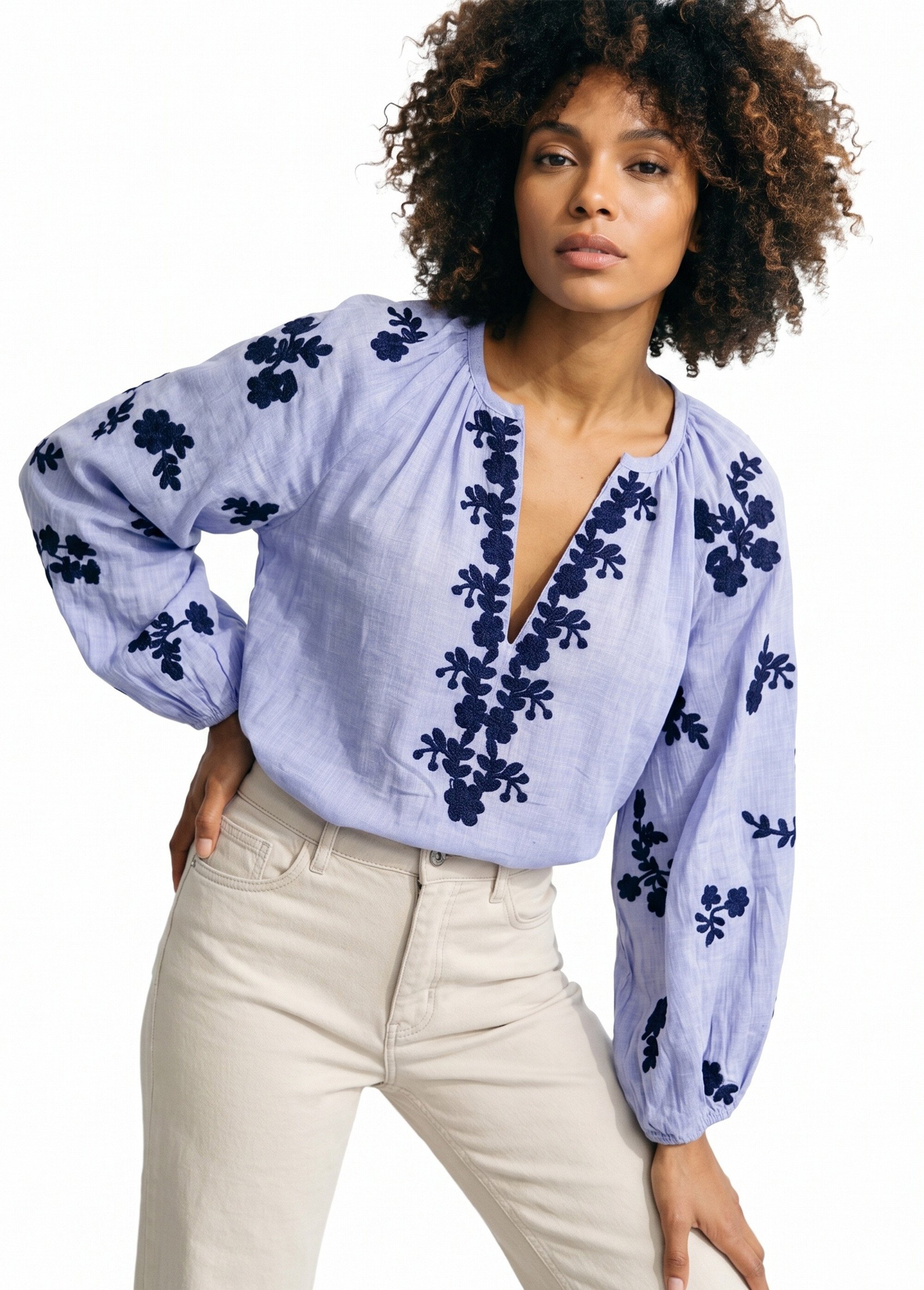 Blouse voile coton et broderies fleurs Femme Bleu JSM-TOP3730 MV1