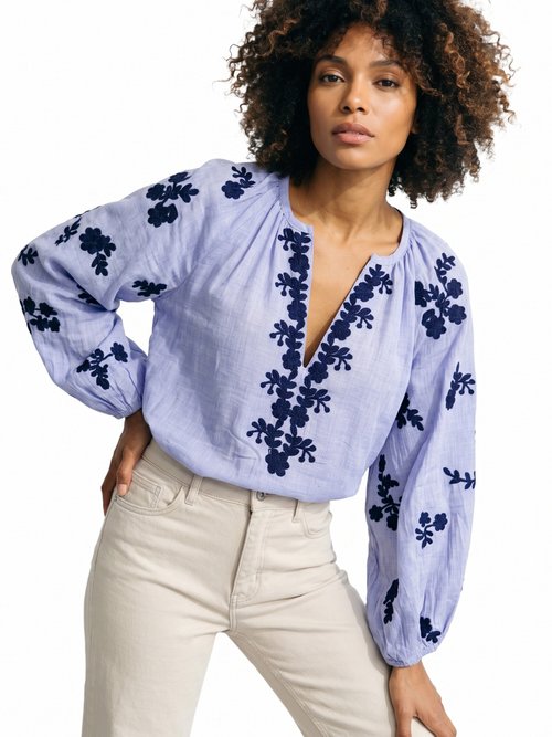 Blouse voile coton et broderies fleurs Femme Bleu JSM-TOP3730 MV1